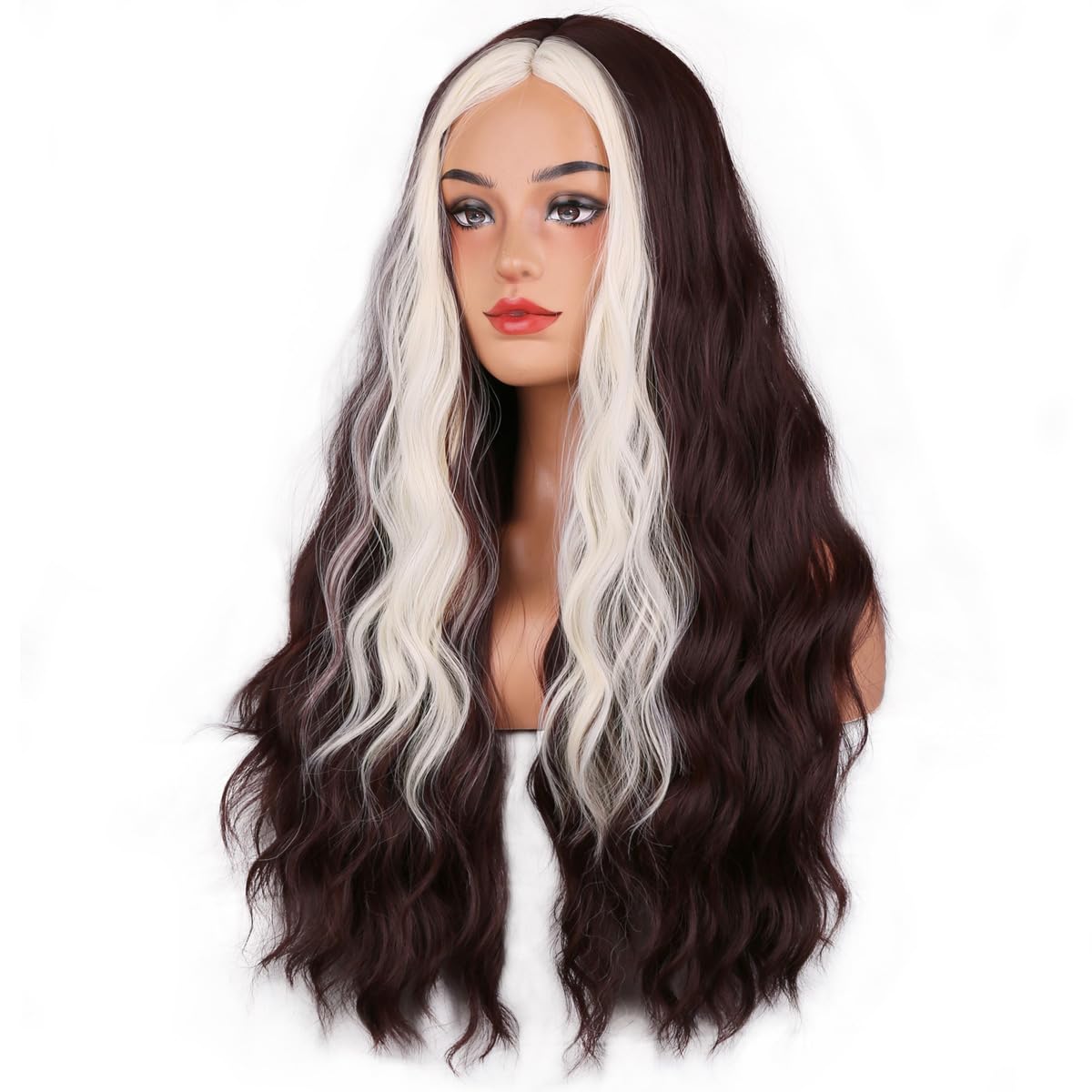 MAGQOO  Flame Fire Wig - Long Curly Wavy Ombre Wigs for Women & Girls - Middle Part, Heat Resistant, High Density Synthetic Wigs: Brown White