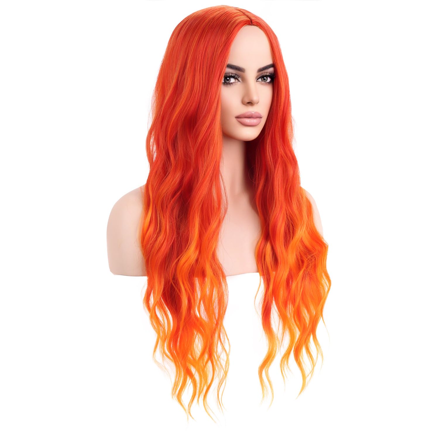 MAGQOO  Flame Fire Wig - Long Curly Wavy Ombre Wigs for Women & Girls - Middle Part, Heat Resistant, High Density Synthetic Wigs: Orange Ombre
