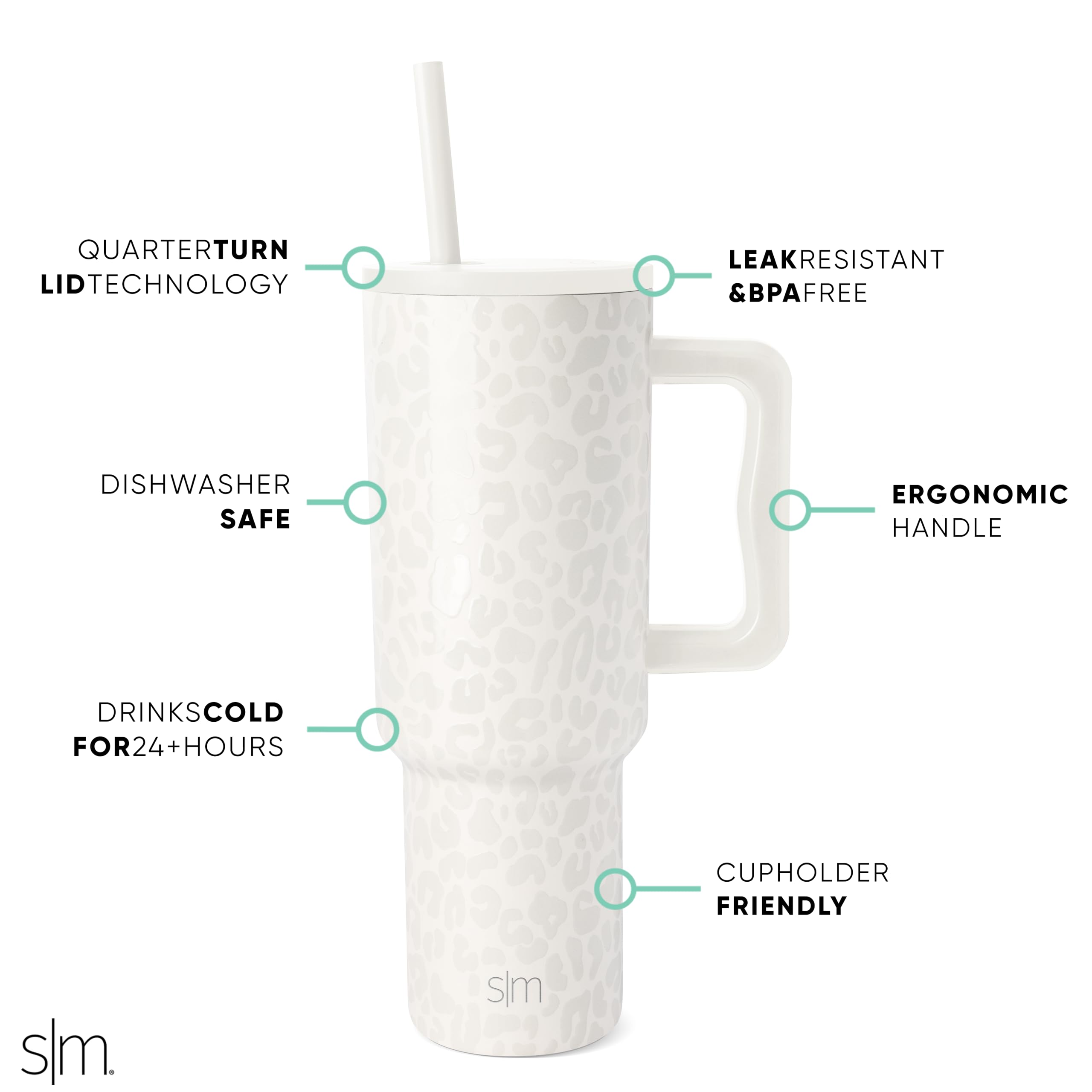 Simple Modern 40 oz Trek Tumbler with Handle and Straw Lid | Cup Holder Friendly Insulated Stainless Steel Travel Mug | Cream Leopard: Pattern: Cream Leopard 40 Ounces