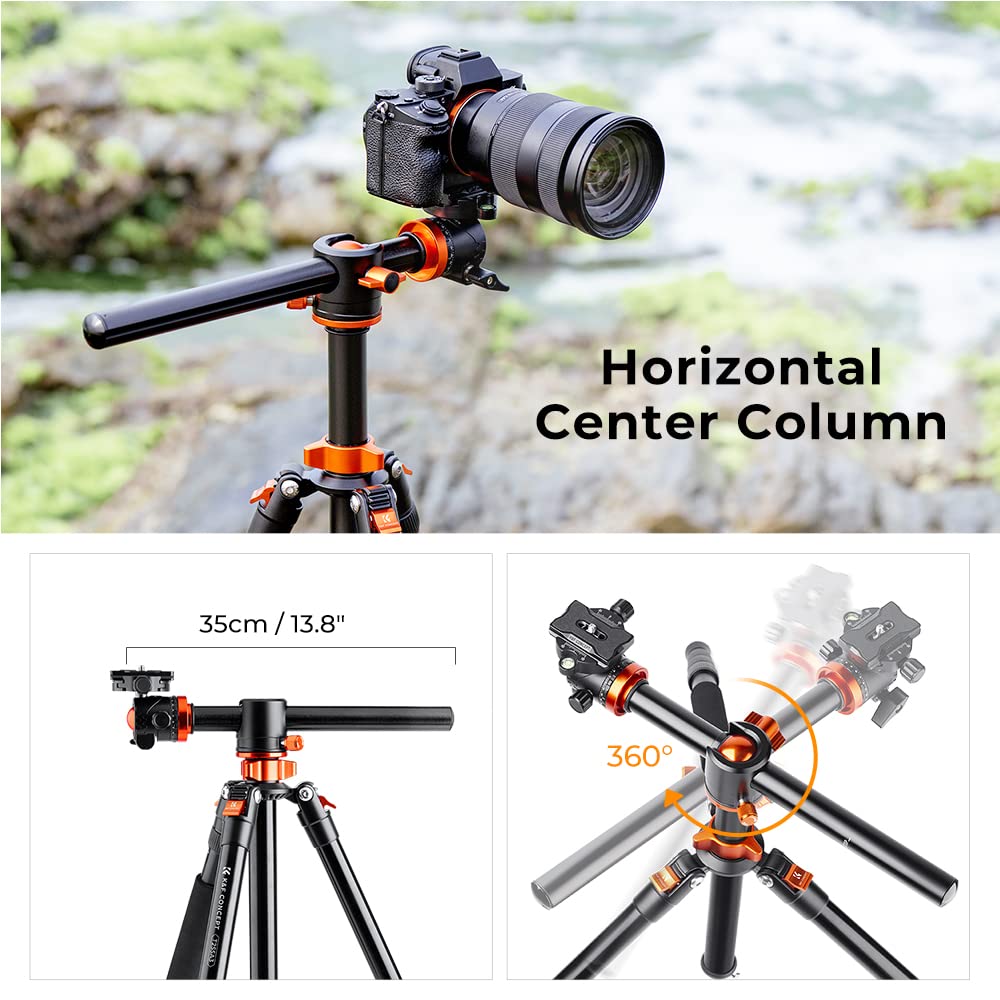 K&F Concept 90 inch/230cm Ultra High Camera Tripod,Horizontal Overhead Shooting Travel Tripods with Metal Ball Head 10KG Load Capacity,Detachable Monopod, for Indoor and Outdoor Use: T255A3+BH-28L