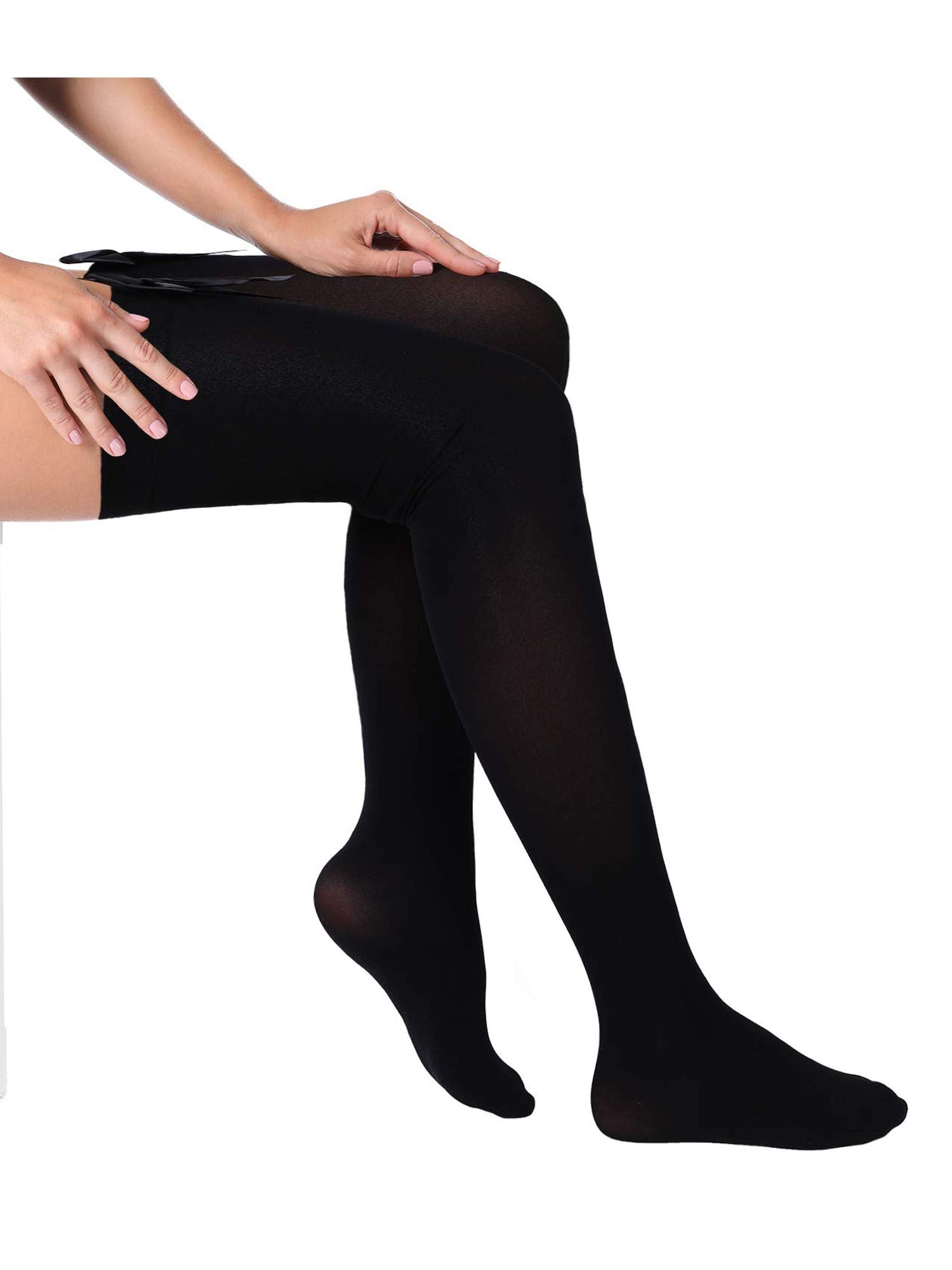 Boao 3 Pairs Thigh High Stockings Thigh High Socks with Bow for Women over Knee Lingerie Stockings for Cosplay Daily Wear: Medium Black With Black Bow, Black With Pink Bow, White With White Bow