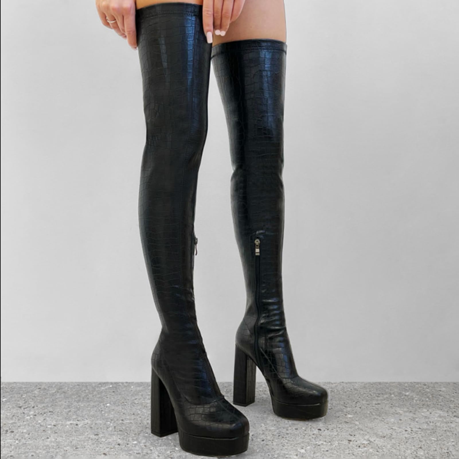 Roimaash Women's Over-the-knee Boots Thigh High Heels: 7 Black Stone