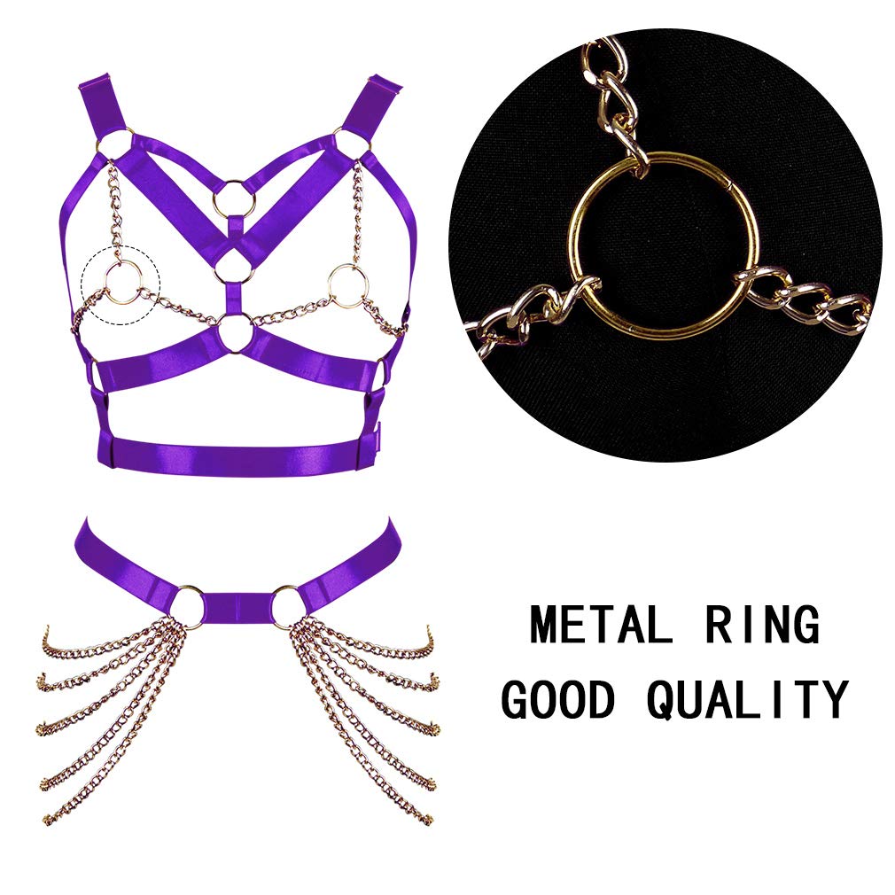 Women's Body Harness Bra Punk Garter Belt Elastic Adjustable Metal Chain Bra Dance Carnival Gothic Costume Accessories: Purple