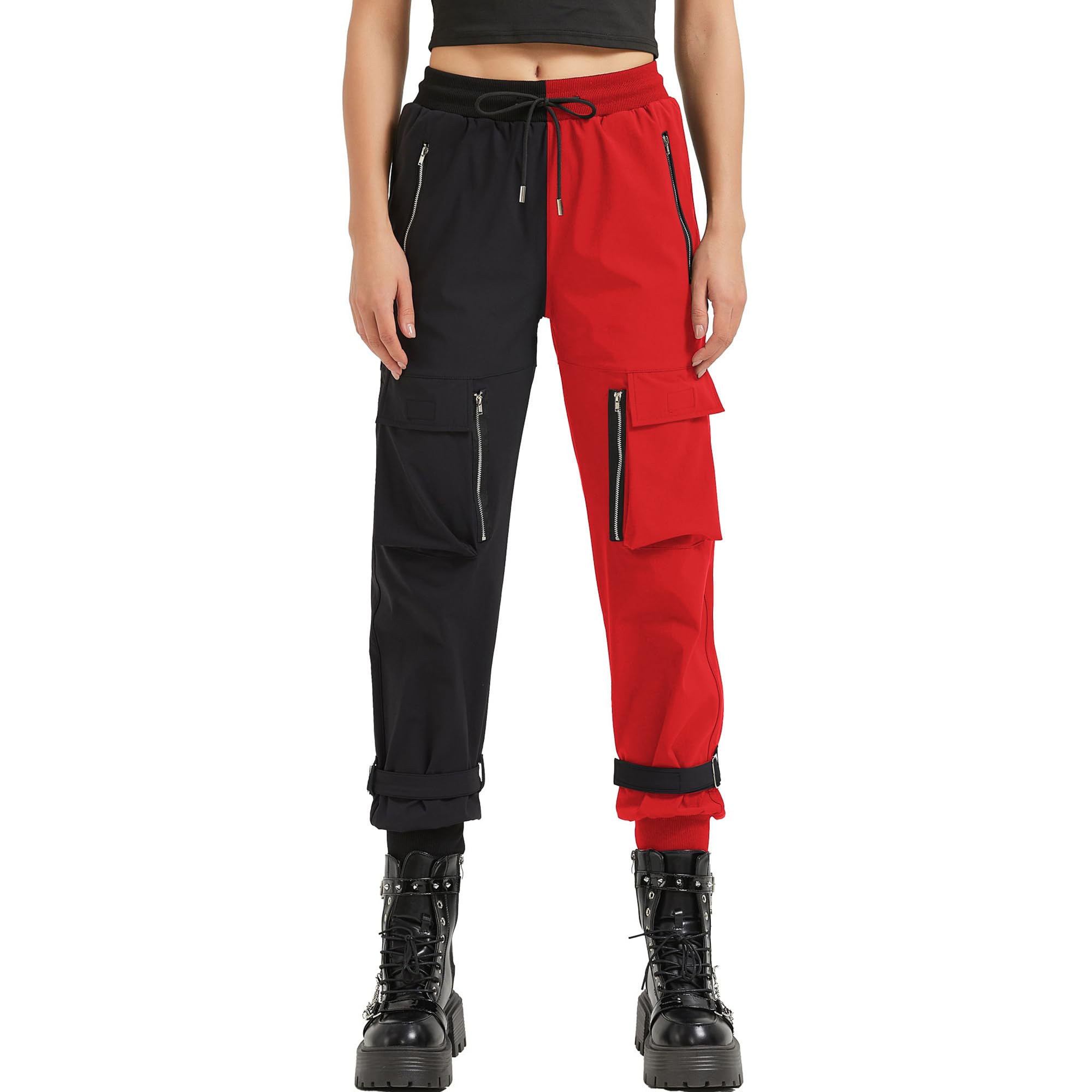 MEINVQIAOTI Black Cargo Pants Women Loose Chained Pants Multi-Pocket Multi-Zip Punk Goth Pants