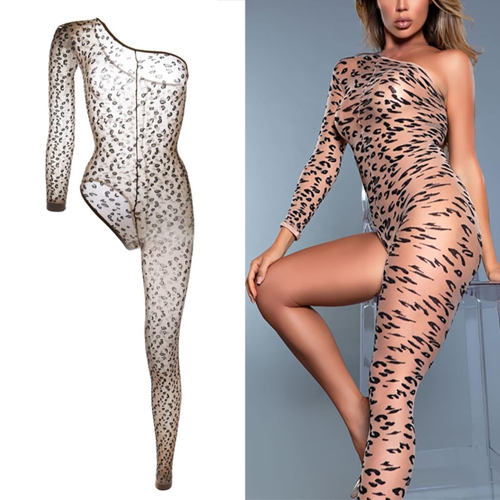Women's Leopard Print Bodystocking Mesh Bodysuit One Shoulder Lingerie Jumpsuit Long Sleeve Single Leg Lace Bodycon Slim Fit Club Wear Sexy Party Cosplay Dresses thumbnail 3