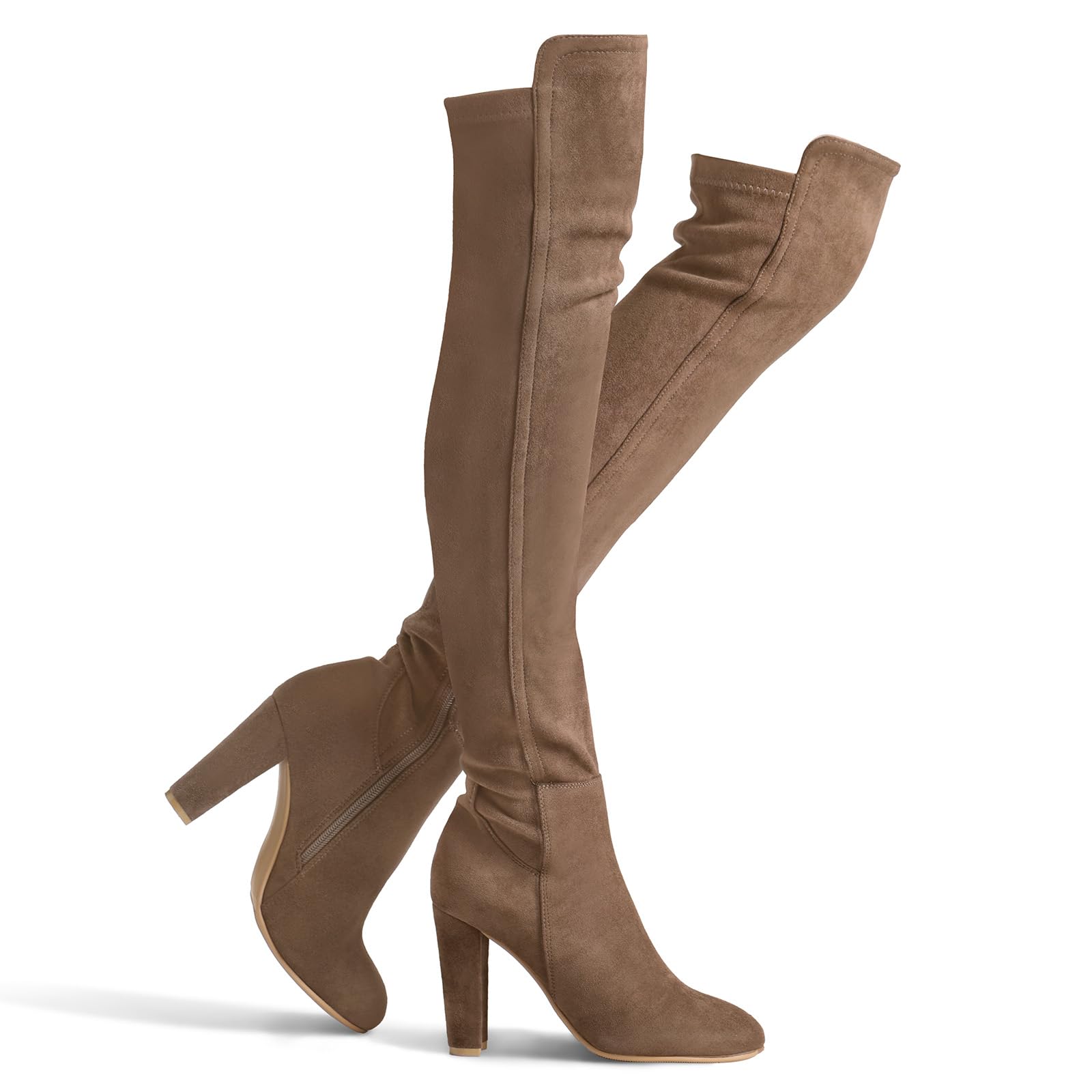 Shoe'N Tale Women Faux Suede Chunky Heel Stretch Over The Knee Thigh High Boots: 9.5 Taupe