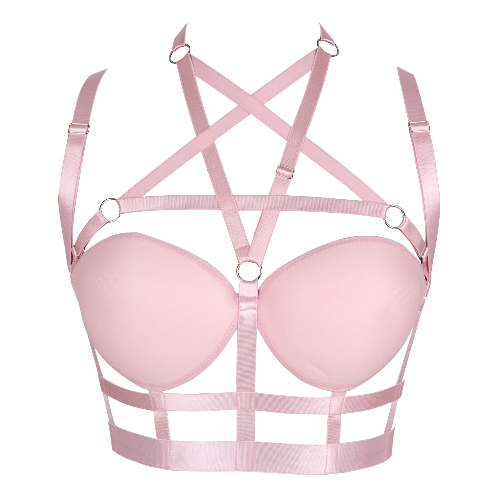 Woman's Body Harness Bra Lingerie cage Punk Goth Plus Size Festival Rave Pentagram Chest Strap Belt: Pink