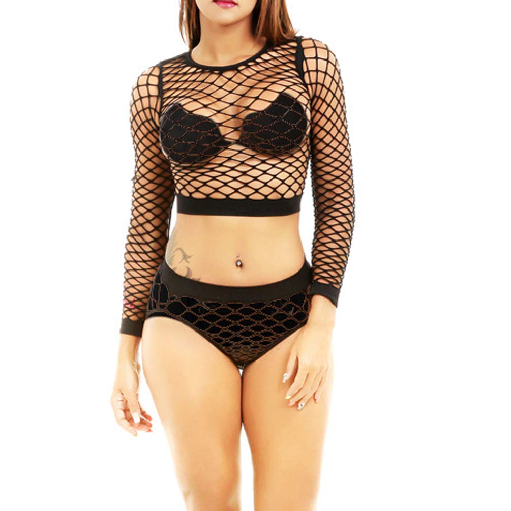 TEERFU Womens Mesh Lingerie Set Fishnet Babydoll Plus Size Bodysuit See Through Shirt Long Sleeve: Black Fit about US L-3XL