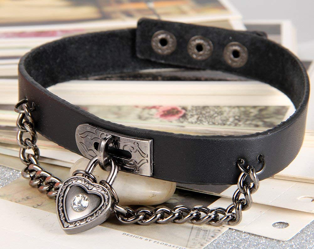 Flongo Womens Men's Fashion Punk Alloy Cool Gothic Heart-Shape Lock Link Leather Collar Choker Necklace: Flongo Womens Men's Fashion Punk Alloy Cool Gothic Heart-Shape Lock Link Leather Collar Choker Necklace