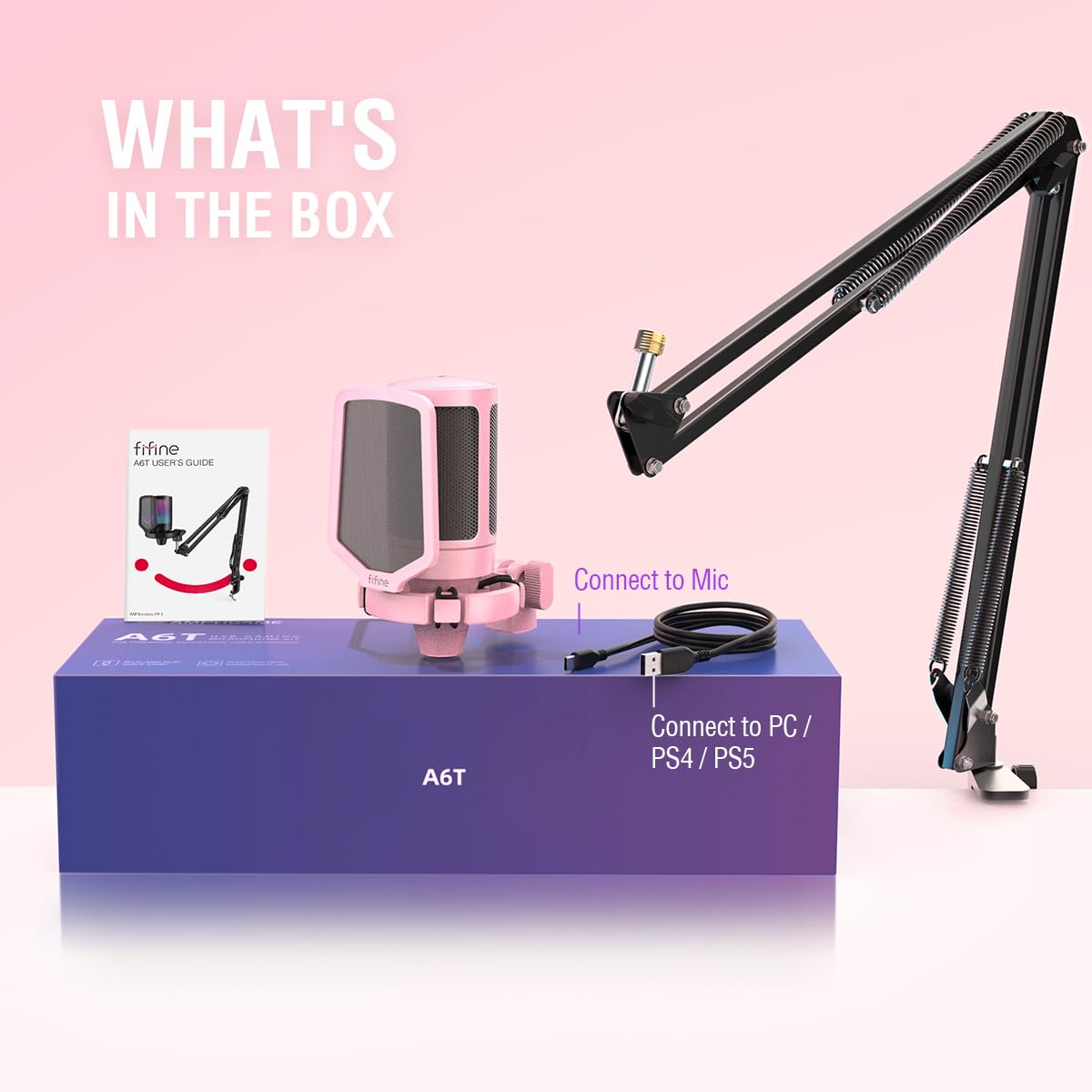 FIFINE Gaming PC USB Microphone, Podcast Condenser Mic with Boom Arm, Pop Filter, Mute Button for Streaming, Twitch, Online Chat, RGB Computer Mic for PC Gamer Youtuber-AmpliGame A6T: Pink