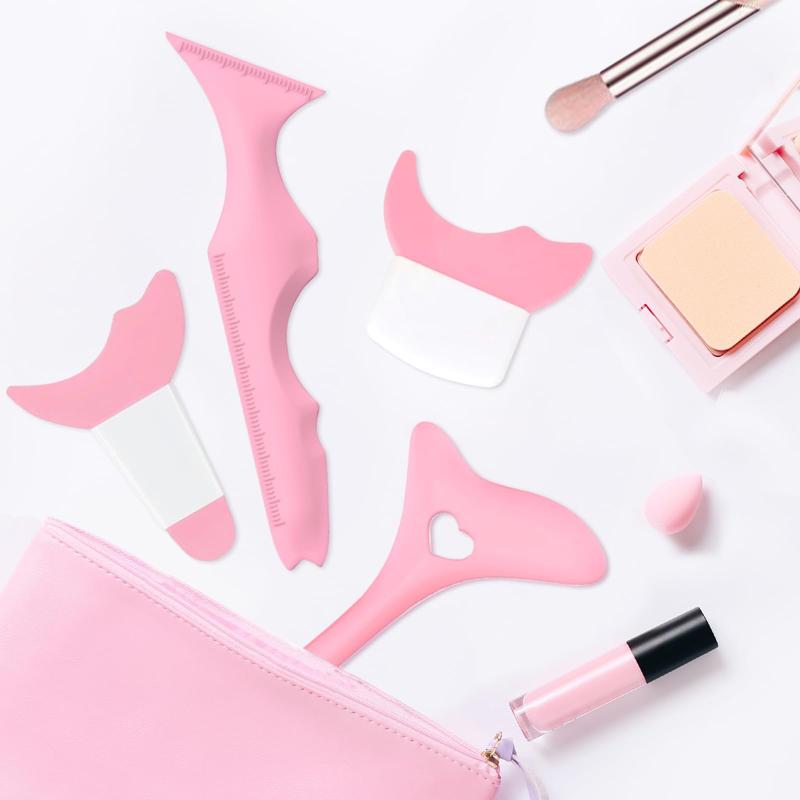 IDDFEVE 4Pcs Eyeliner Stencils, Silicone Winged Tip, Multifunctional Mascara Shield for Eyeshadow and Eyelashes, Professional &Quick Cat Eye Makeup Tool for Beginners (Pink)