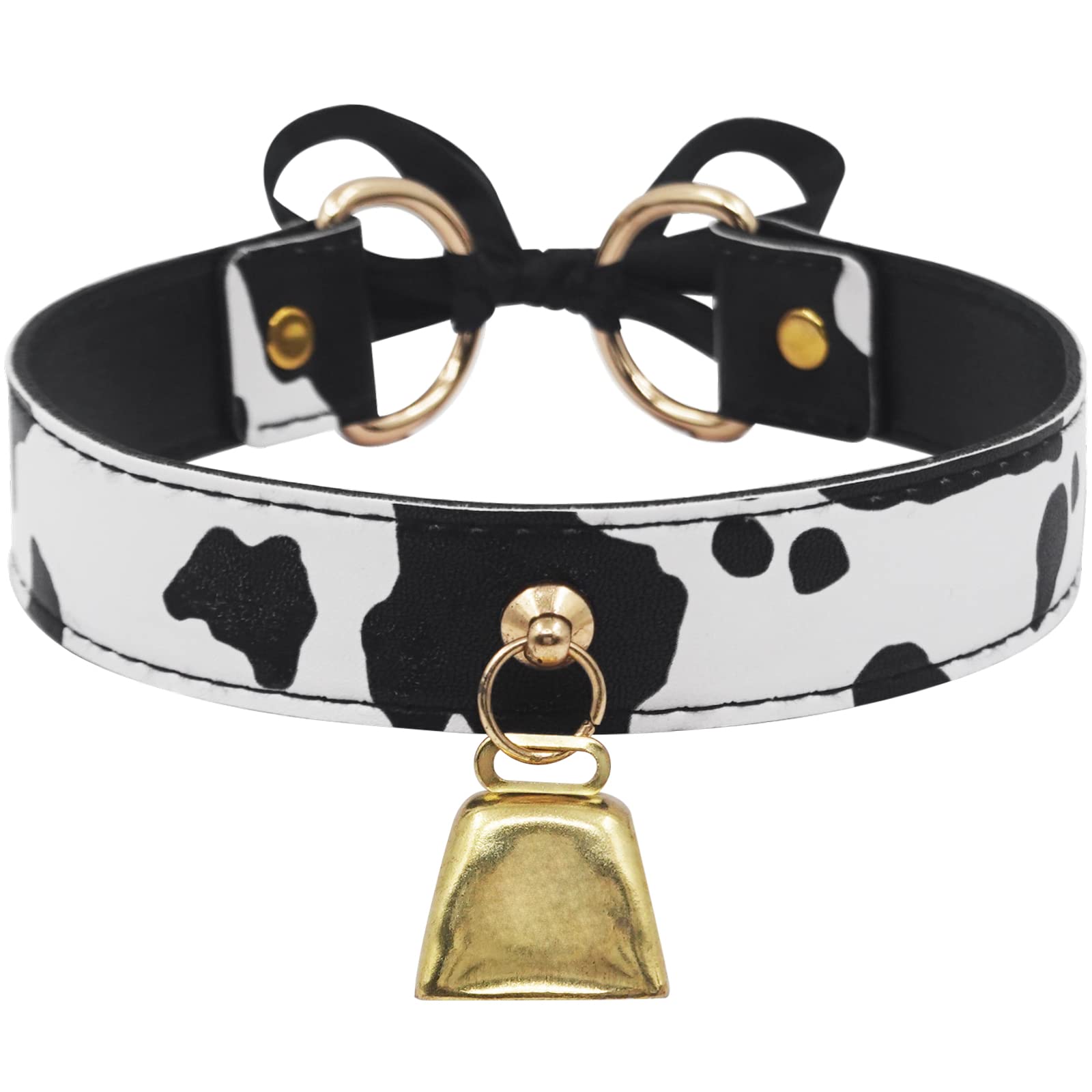 paloli Basic Cow Print Bell Collar Choker Necklace for women: Black Gold Bell