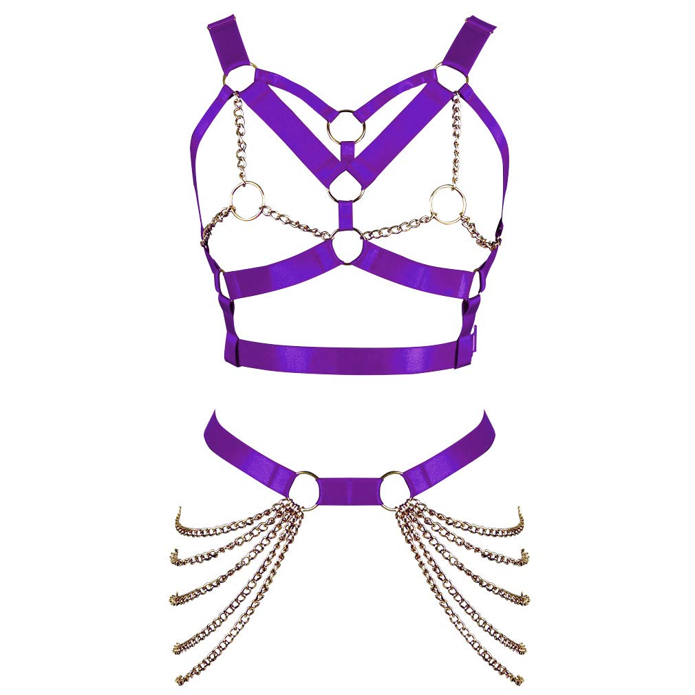 Women's Body Harness Bra Punk Garter Belt Elastic Adjustable Metal Chain Bra Dance Carnival Gothic Costume Accessories: Purple