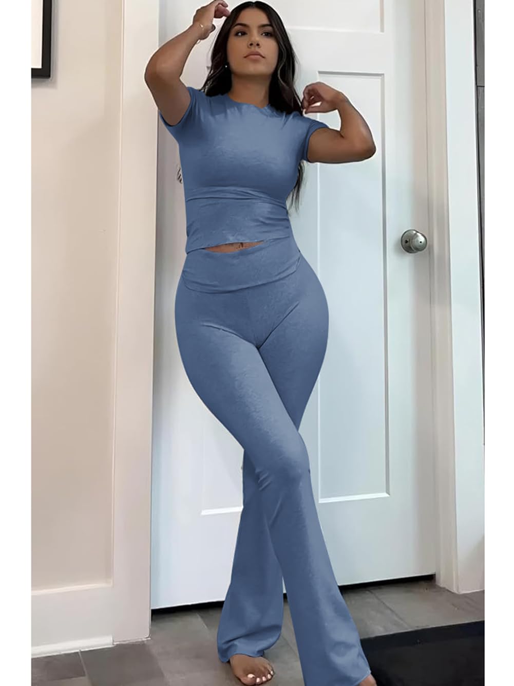 ZFLM Casual Workout Two Piece Outfits for Women Short Sleeve Crop High Waist Foldover Flare Pants Tracksuit Sets Streetwear thumbnail 5