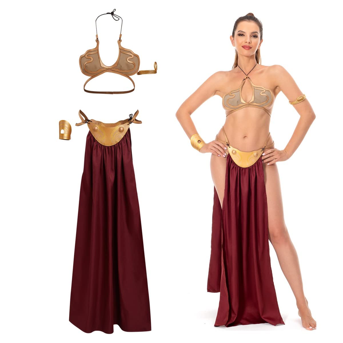 Xikaufo Adult Princess Slave Outfit Bikini Carnival Cosplay Costume Dress Gold Bra Halloween Party Costume Outfits for Women: Small