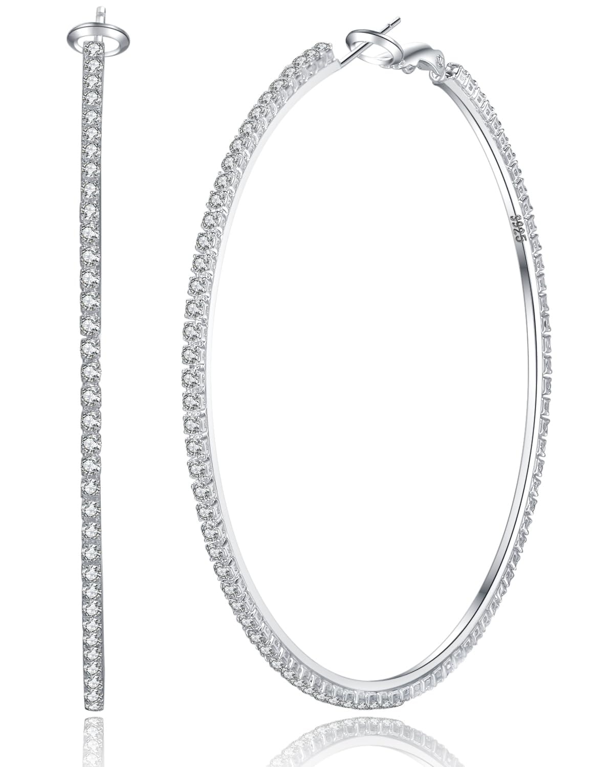 PABBEU 2mm 925 Sterling Silver Earrings Big Sterling Silver Hoop Earrings for Women Large Rhinestone Hoop Earrings Thin Hypoallergenic Cubic Zirconia Earrings for Women 30/40/50/60/70mm: 50mm Silver