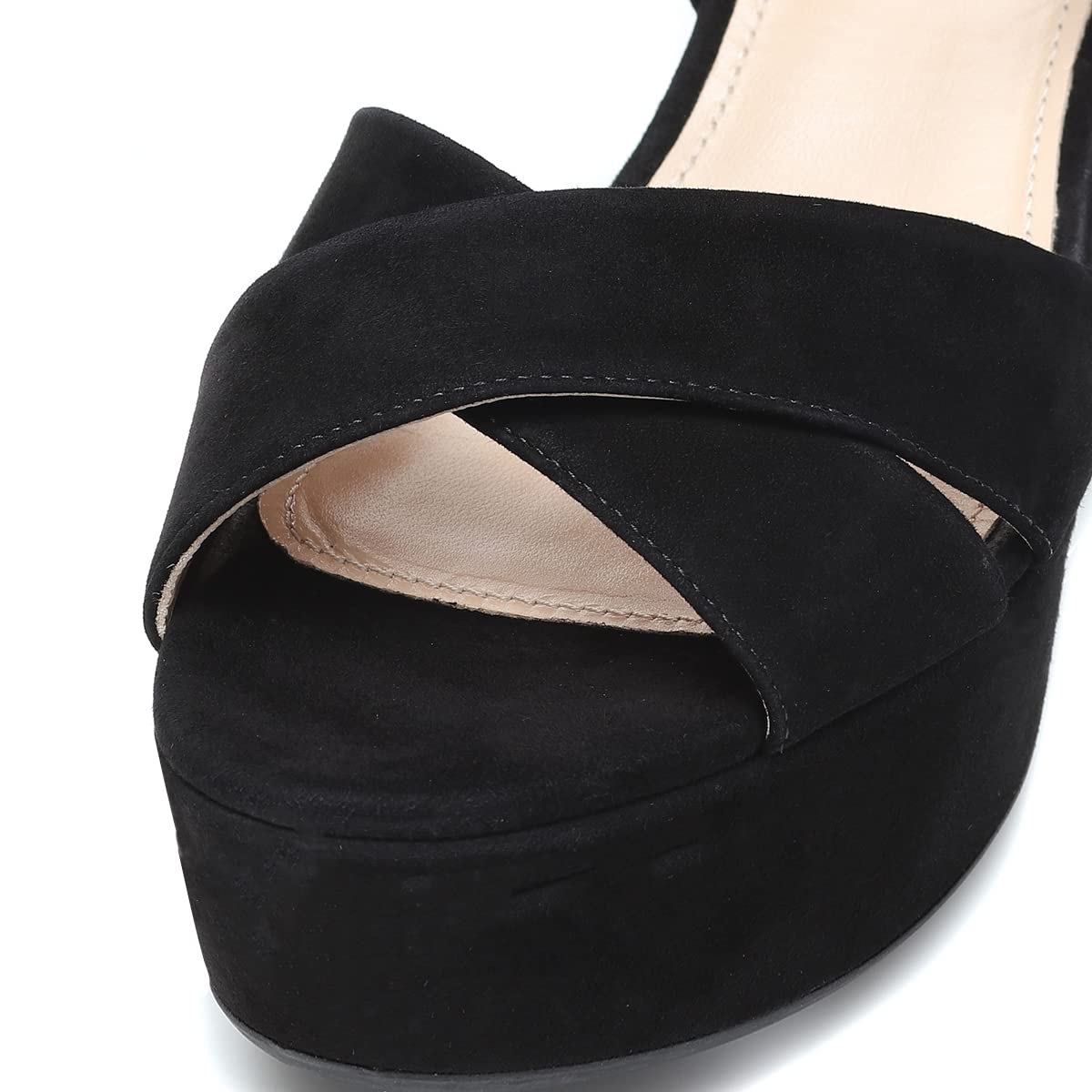 FSJ Women Peep Toe Chunky High Heels Platform Sandals Ankle Strap Velvet & Suede Summer Dress Wedding Prom Shoes Size 4-15 US: 7 Black Suede