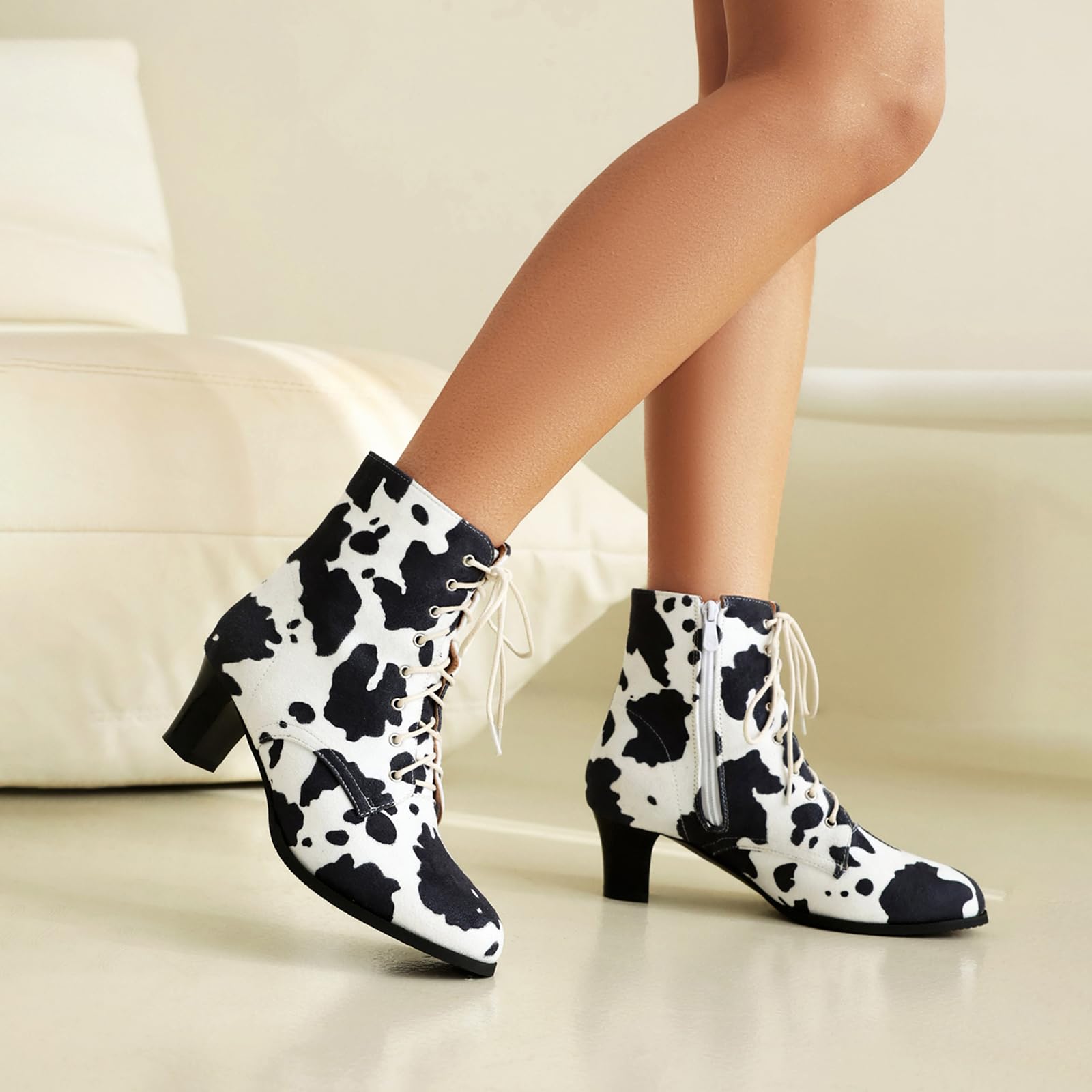 Cozivwaiy Women Lace up Vintage Boots with Zipper Block Heel Ankle Boots Victorian Booties 70s Animal Print Boots thumbnail 2