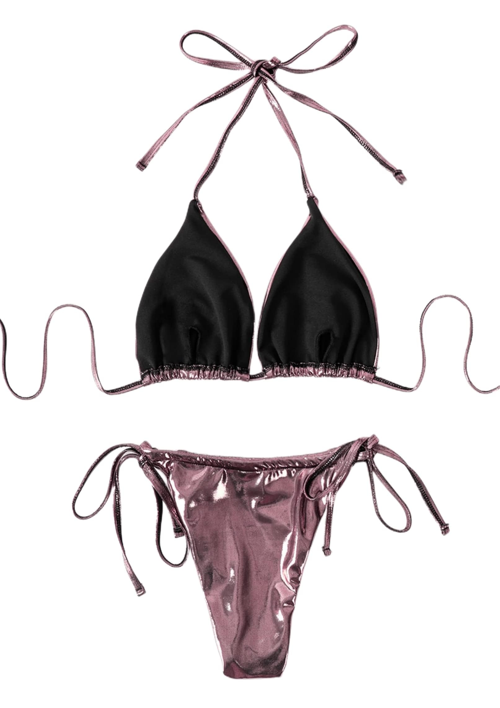 ZGMYC Women's 3 Piece Shiny Metallic Swimsuit Sexy Triangle Bikini Tie Side Thong Festival Outfit with Drawstring Mini Skirt: Small Pink