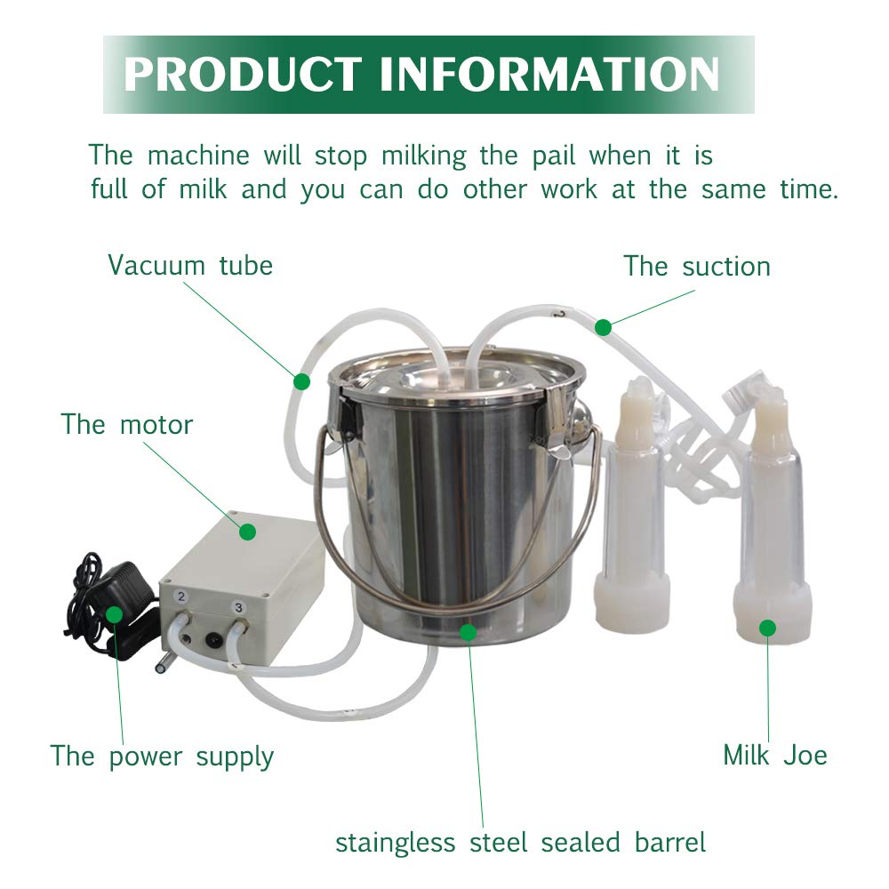MAPOTAD 3L Goat Pulsation Vacuum Electric Milking Machine, Automatic Portable Pulse Breast Pump with 2 Teat Cups Stainless Steel Bucket for Goat.