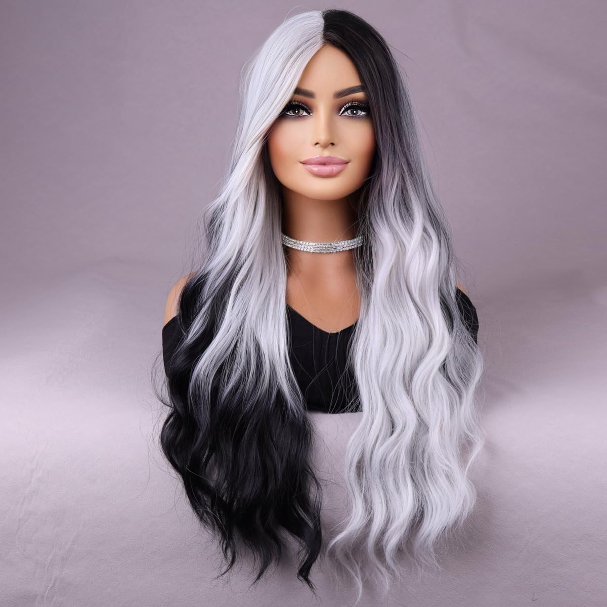 MAGQOO  Flame Fire Wig - Long Curly Wavy Ombre Wigs for Women & Girls - Middle Part, Heat Resistant, High Density Synthetic Wigs: Black White