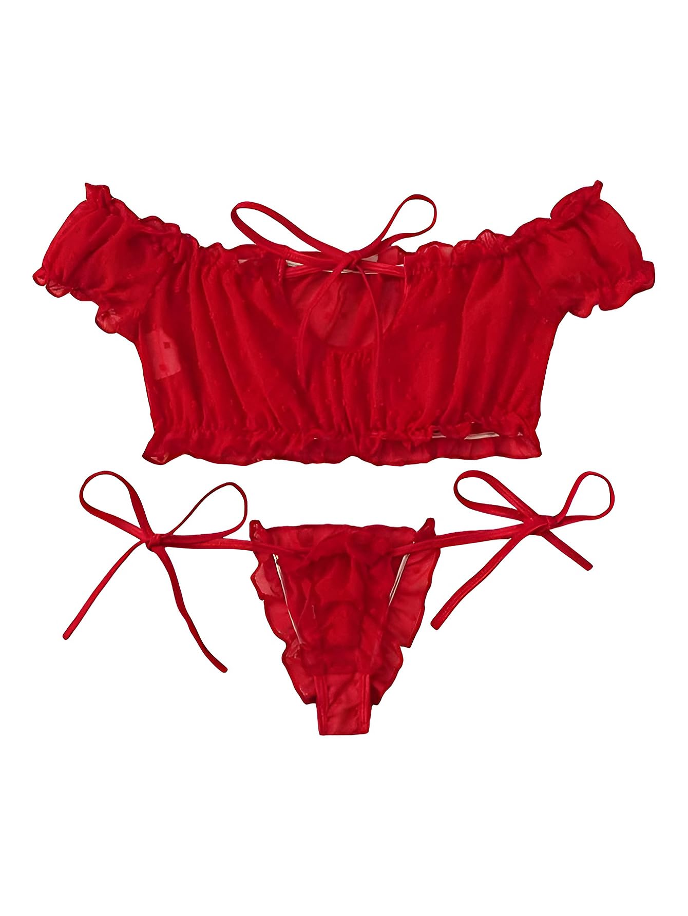 Lilosy Sexy Stretch Ruffle Tie Sheer Mesh Lingerie Set Outfits: Chiffon Small Chiffon Red