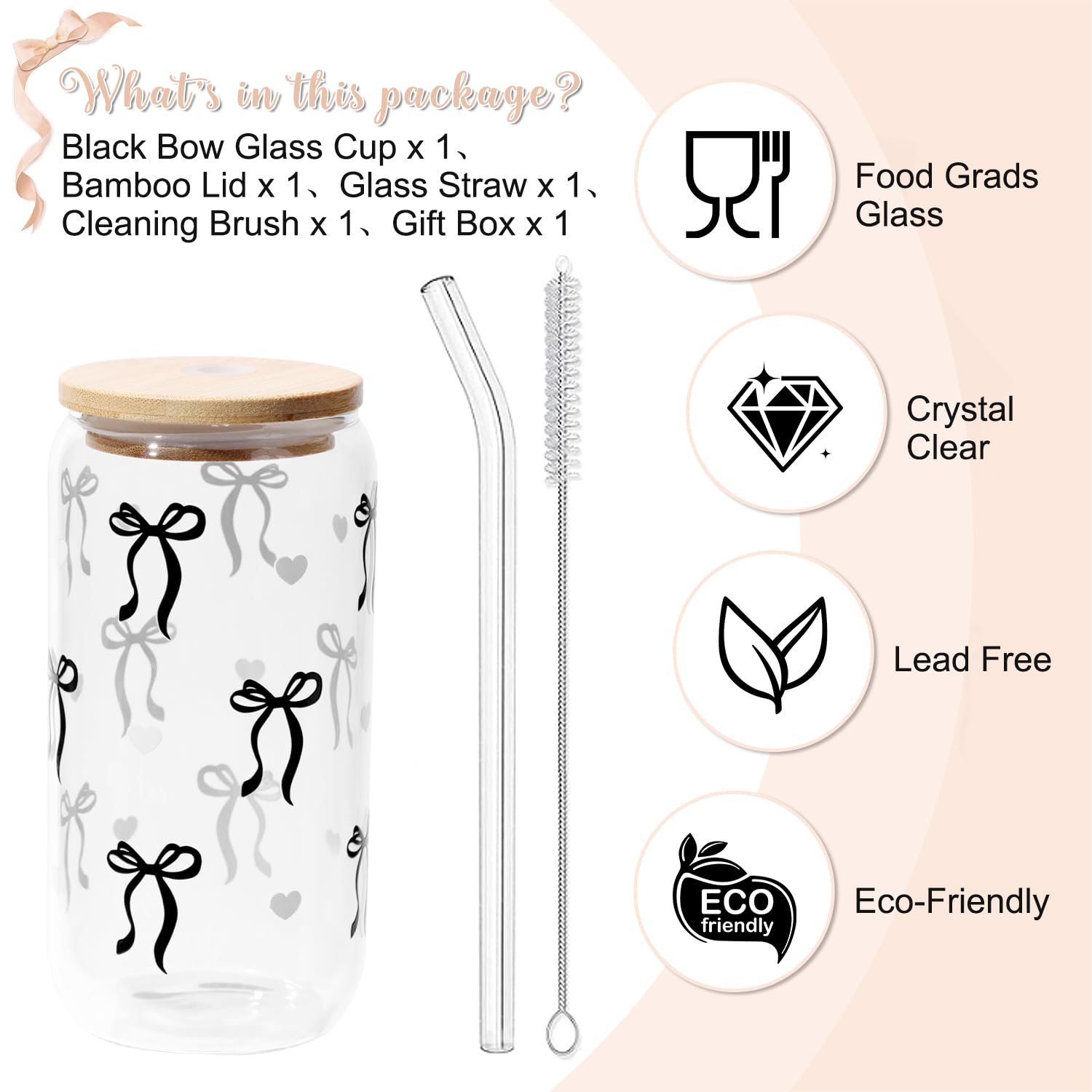 LANGASQUE Coquette  Bow Aesthetic Cup With Gift Box 16oz Glass Cup with Lids Straws and Black Bow Iced Coffee Smoothie Cute Tumbler with Cleaning Brush for Girls Bestfriend Sister Girlfriend: Black