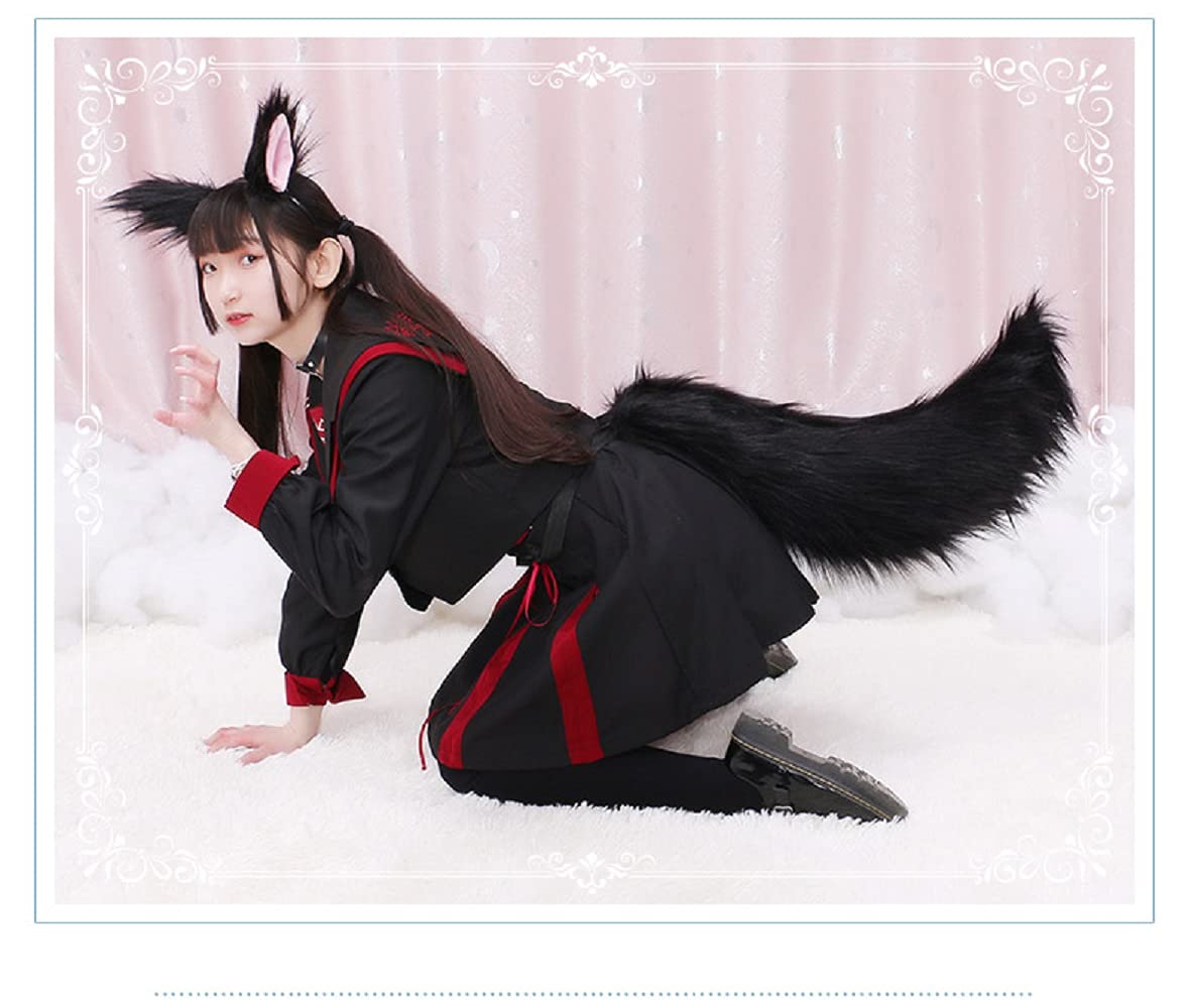 Fxaelian Faux Fur Animal Big Tail Fox Cat Dog Wolf Tail Set Halloween Cosplay Party Costume Accessory: Pure Black