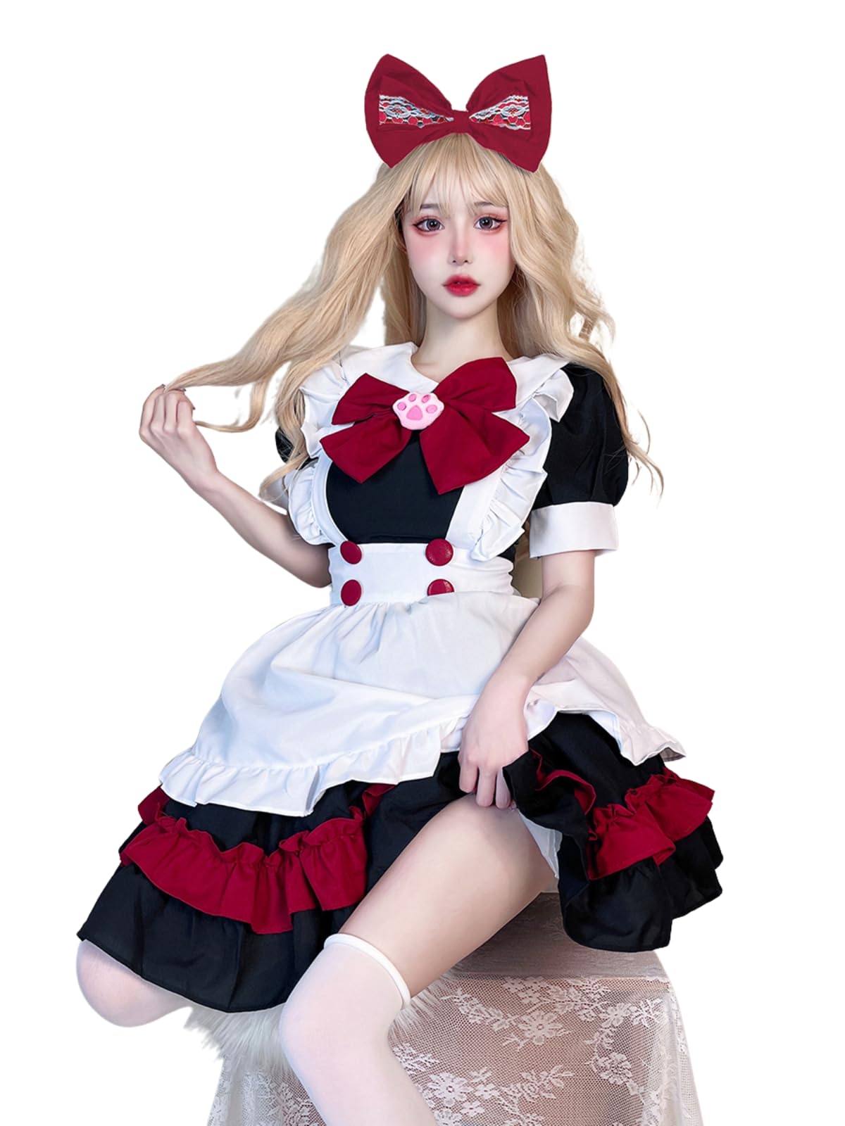 GRAJTCIN Womens Anime French Maid Outfit Lolita Cosplay Dress Halloween Costume with Socks: Large