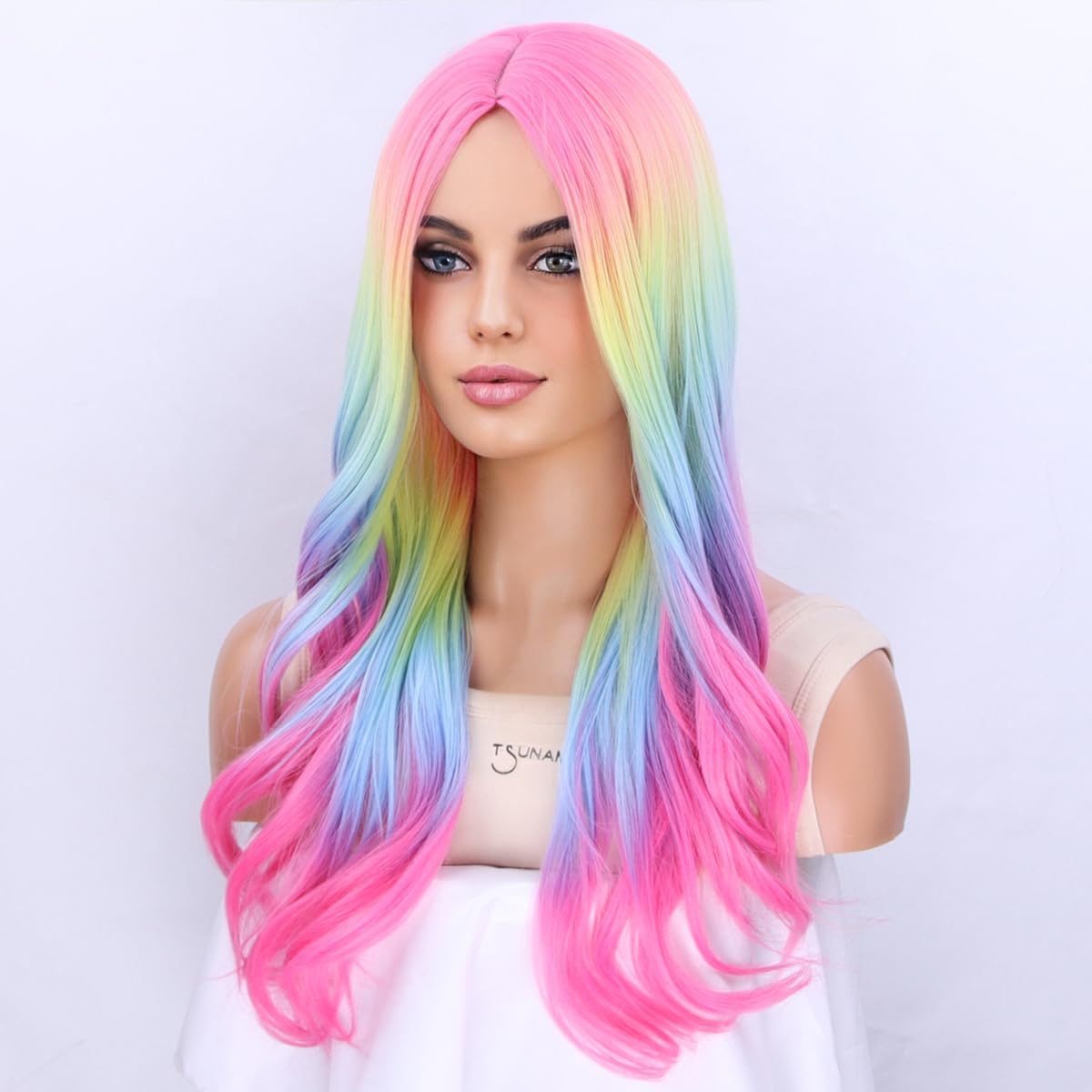 MAGQOO  Flame Fire Wig - Long Curly Wavy Ombre Wigs for Women & Girls - Middle Part, Heat Resistant, High Density Synthetic Wigs: Ombre Rainbow