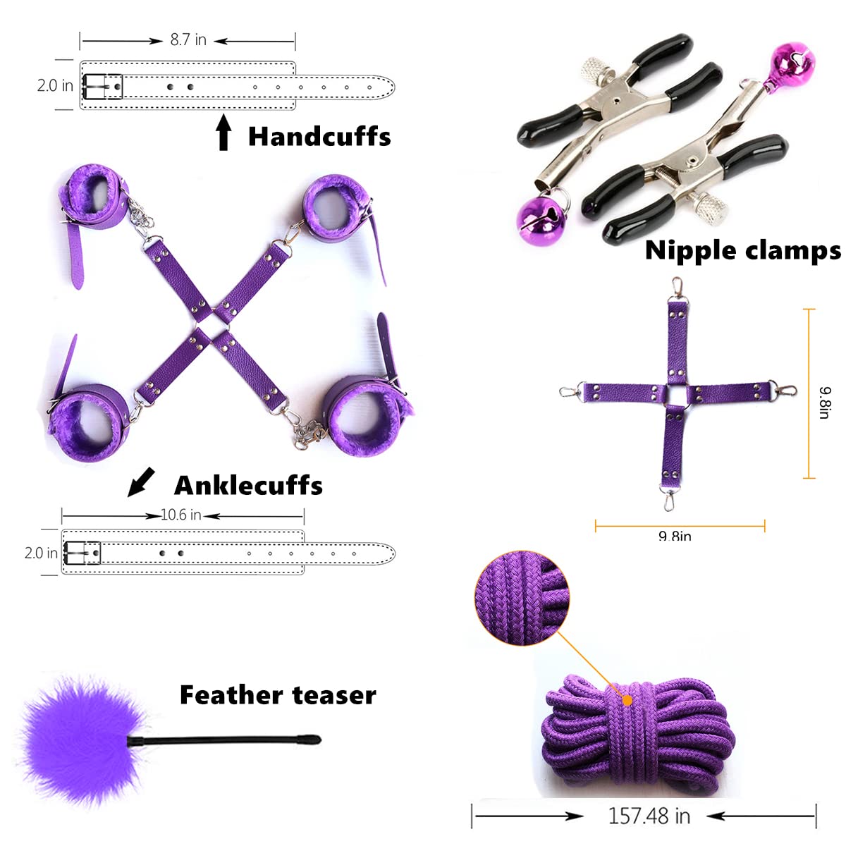 BDSM Restraints Sex Toys 15 Pcs for Couples Bondage Kits Fetish Bed Restraints Set for Beginners SM Adult Games Spanking Paddle: Purple