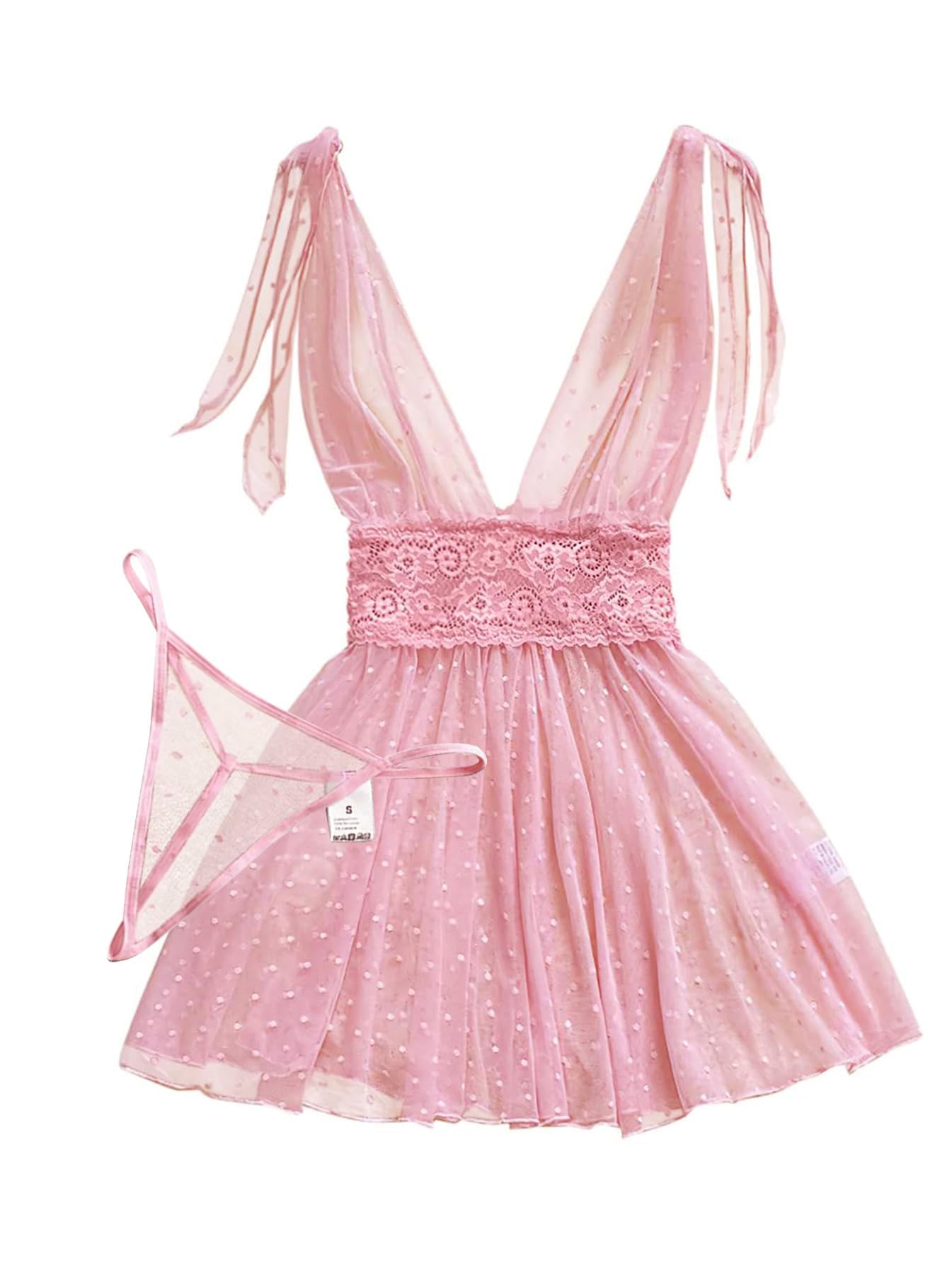 Lilosy Sexy Polka Dots Mesh Sheer Lace Babydoll Chemise Lingerie Set Floral Lace Sleep Wear: Medium Pink