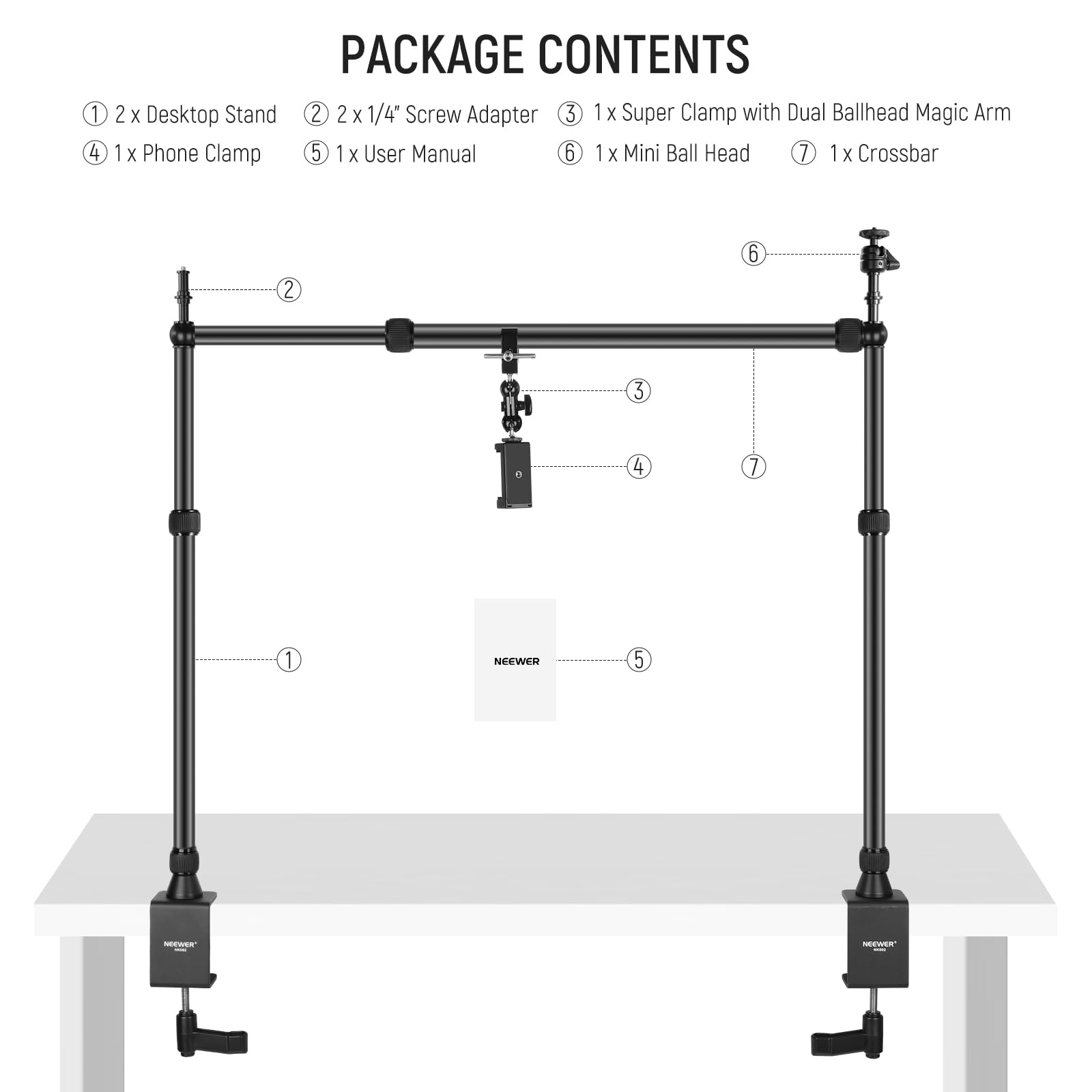 NEEWER Overhead Camera Mount Rig with 2 Ball Heads, Super Clamp/Mobile Phone Holder/Camera Desk Mount, Multi Device Mount, Platform Overhead Tripod, Adjustable Height Width, Max Load 12 kg, NK002: Overhead Rig with 2 C Clamp Stand
