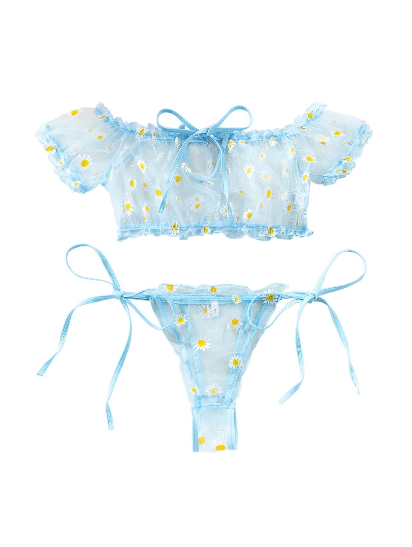 Lilosy Sexy Stretch Ruffle Tie Sheer Mesh Lingerie Set Outfits: Small Flower Blue