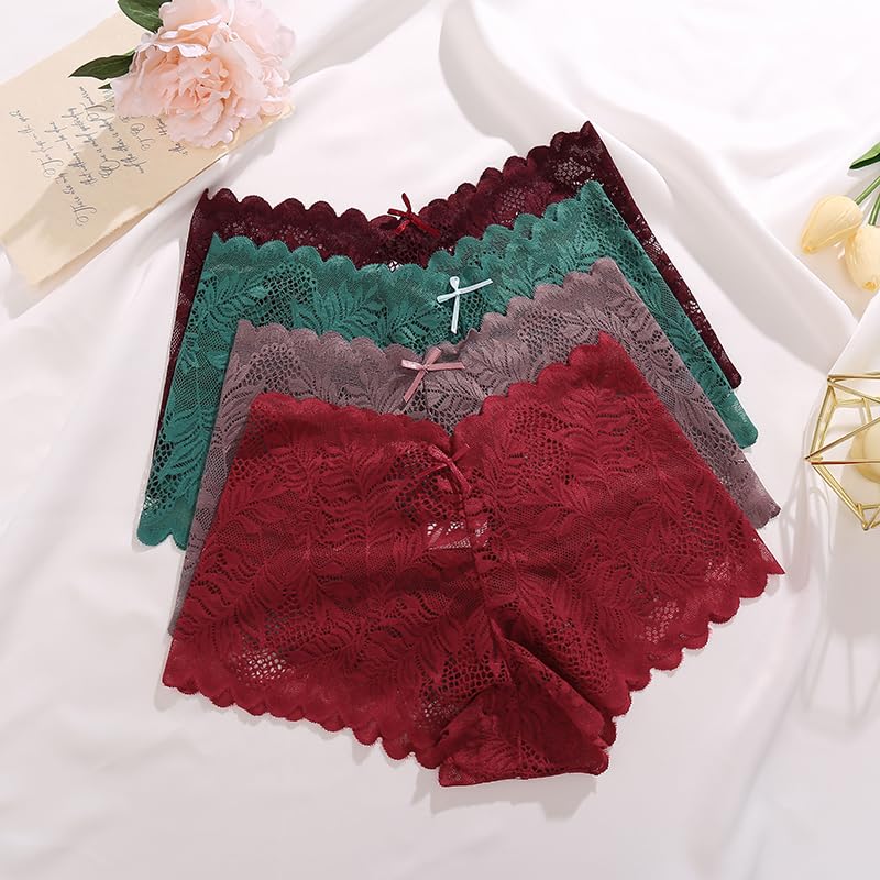 FINETOO Sexy Underwear for Women V-Waist Shorts Women' s Underwear Lightweight Soft Lace High Waist Panties 5 Pack: XX-Large F 5 Pack (Black*1 Pink*1 Rose Red*1 Green*1 Dark Red*1)