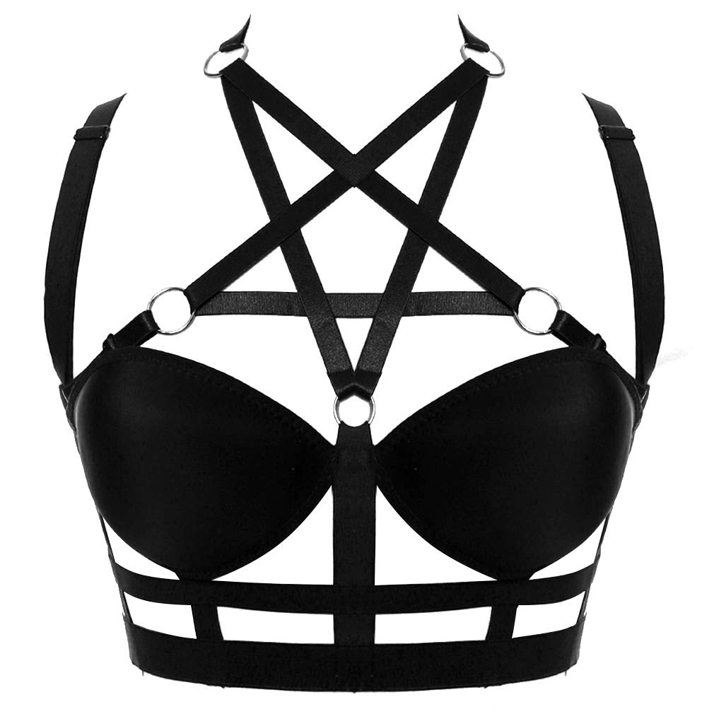Woman's Body Harness Bra Lingerie cage Punk Goth Plus Size Festival Rave Pentagram Chest Strap Belt: Black