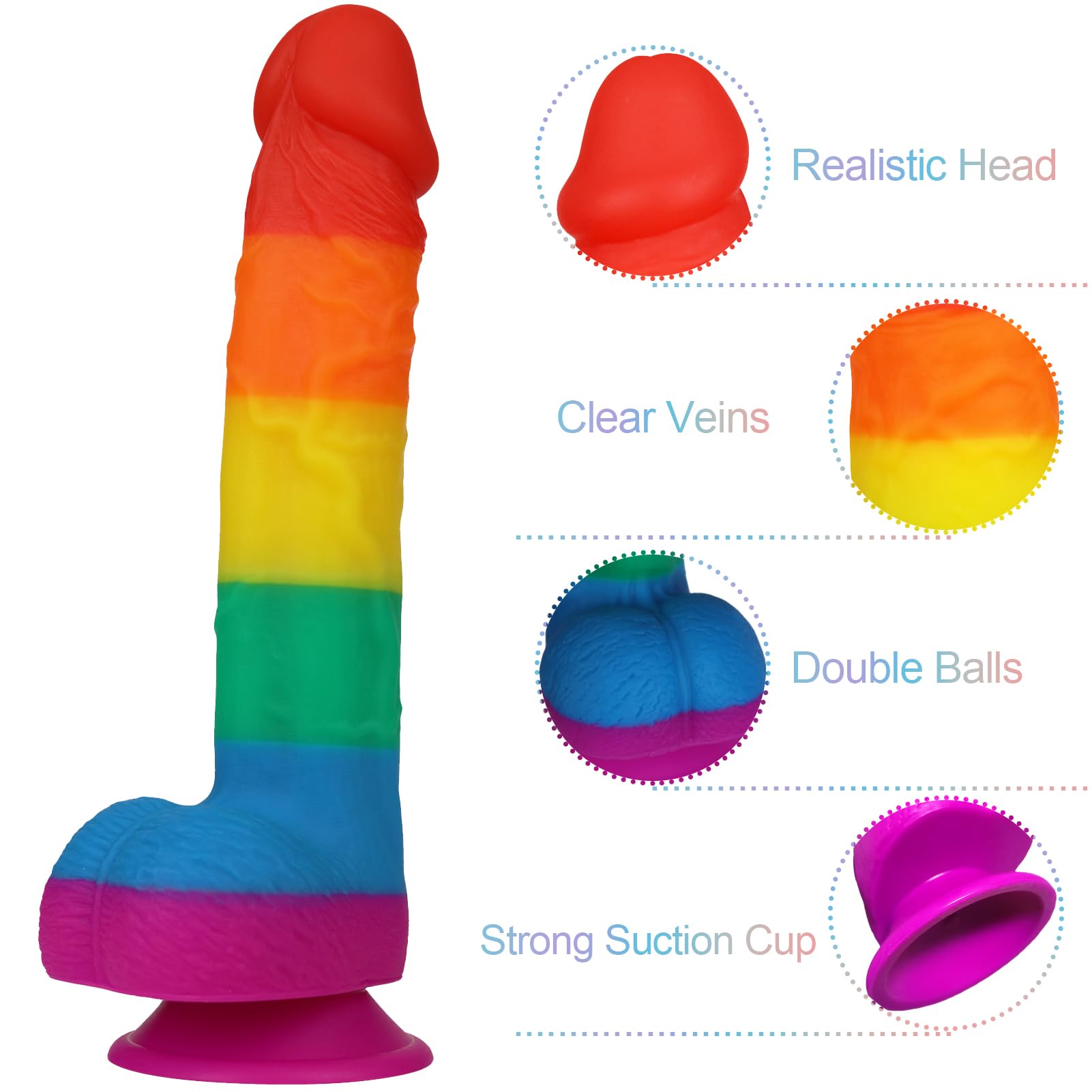 Realistic Dildo for Adult Sex Toys Liquid Silicone Material Strong Suction Cup Hands-Free Play 2 Balls(Rainbow): 9.3 Inch