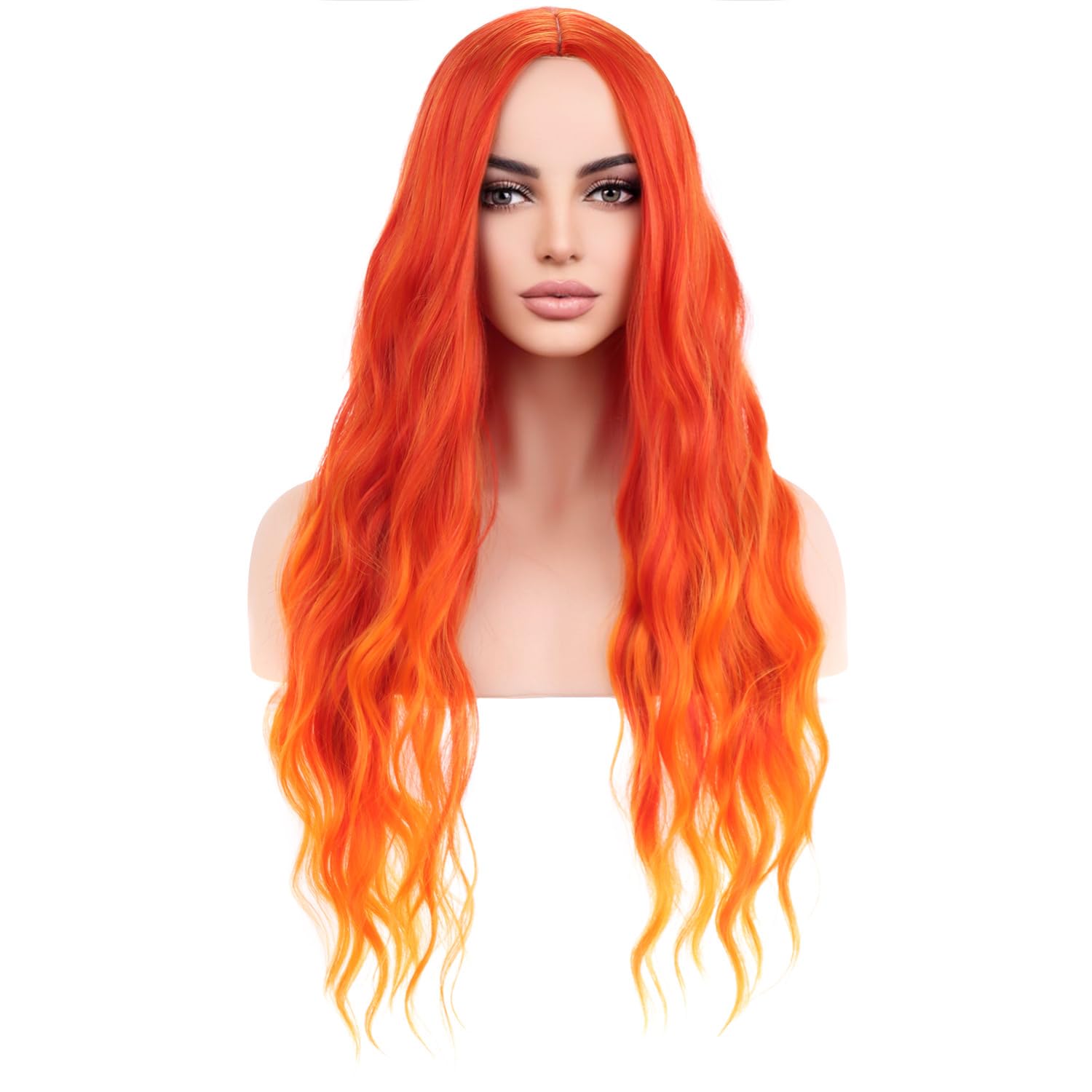 MAGQOO  Flame Fire Wig - Long Curly Wavy Ombre Wigs for Women & Girls - Middle Part, Heat Resistant, High Density Synthetic Wigs: Orange Ombre