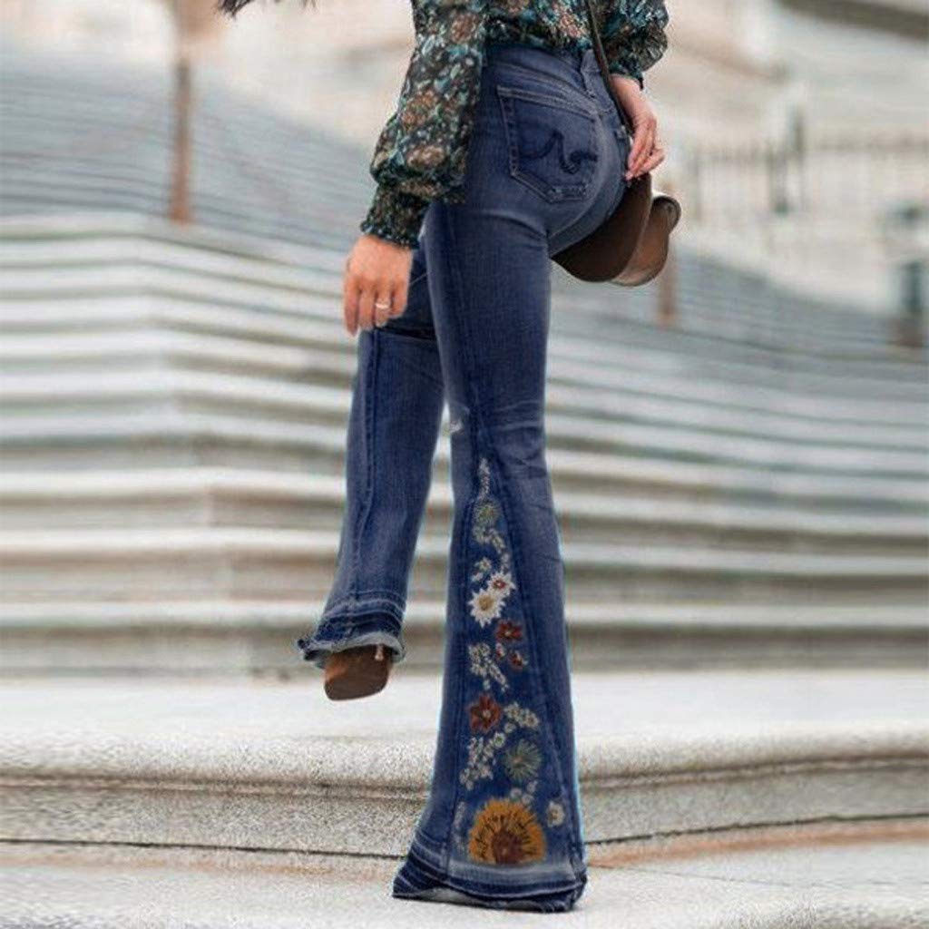 Lxitoler Women Bell Bottom Embroidered Gothic Floral Print Bootcut Western Jeans