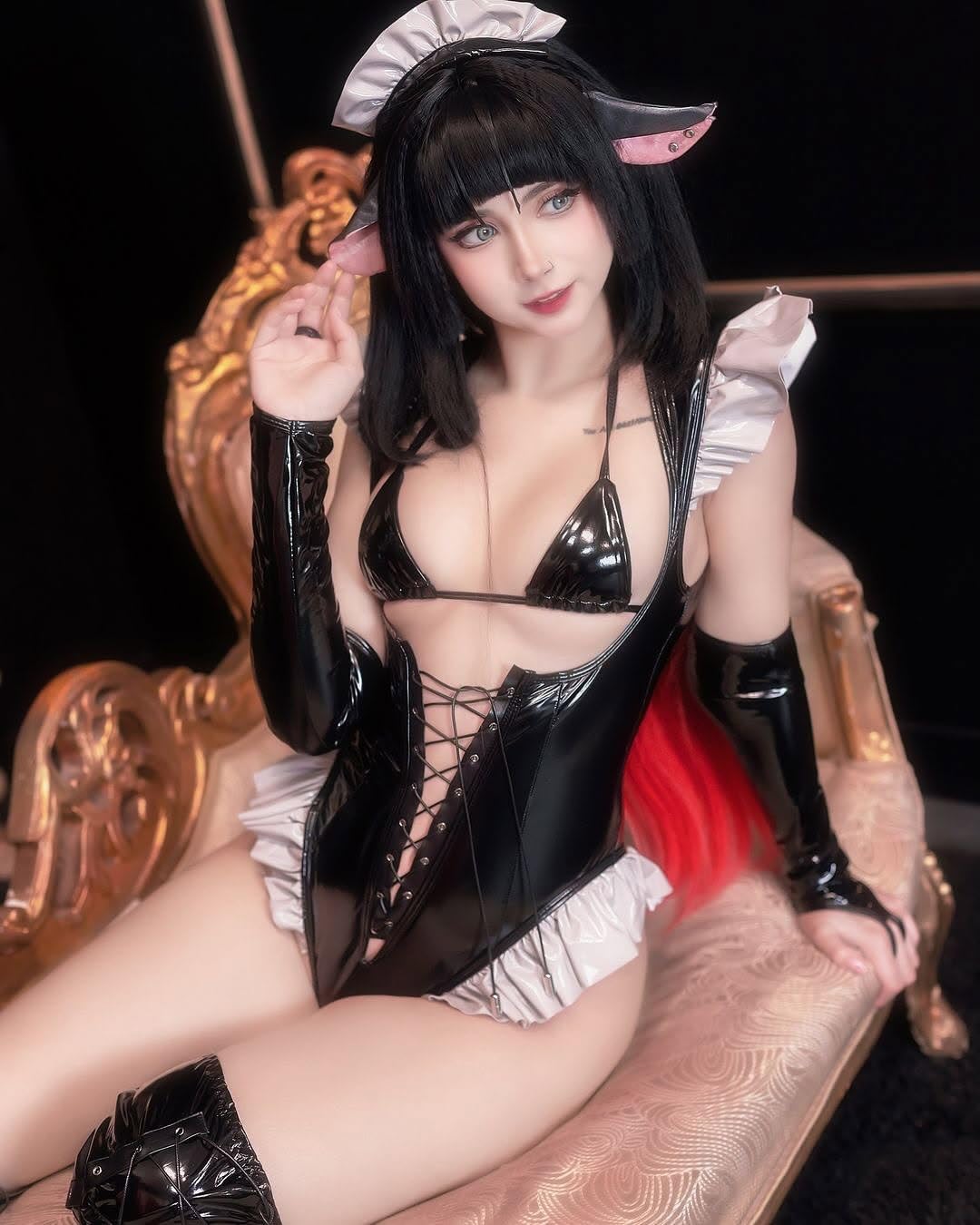KORURACLUB Bar Maiden Maid costume Black premium pu cosplay lingerie Bar Maiden Maid lingerie: Small Black