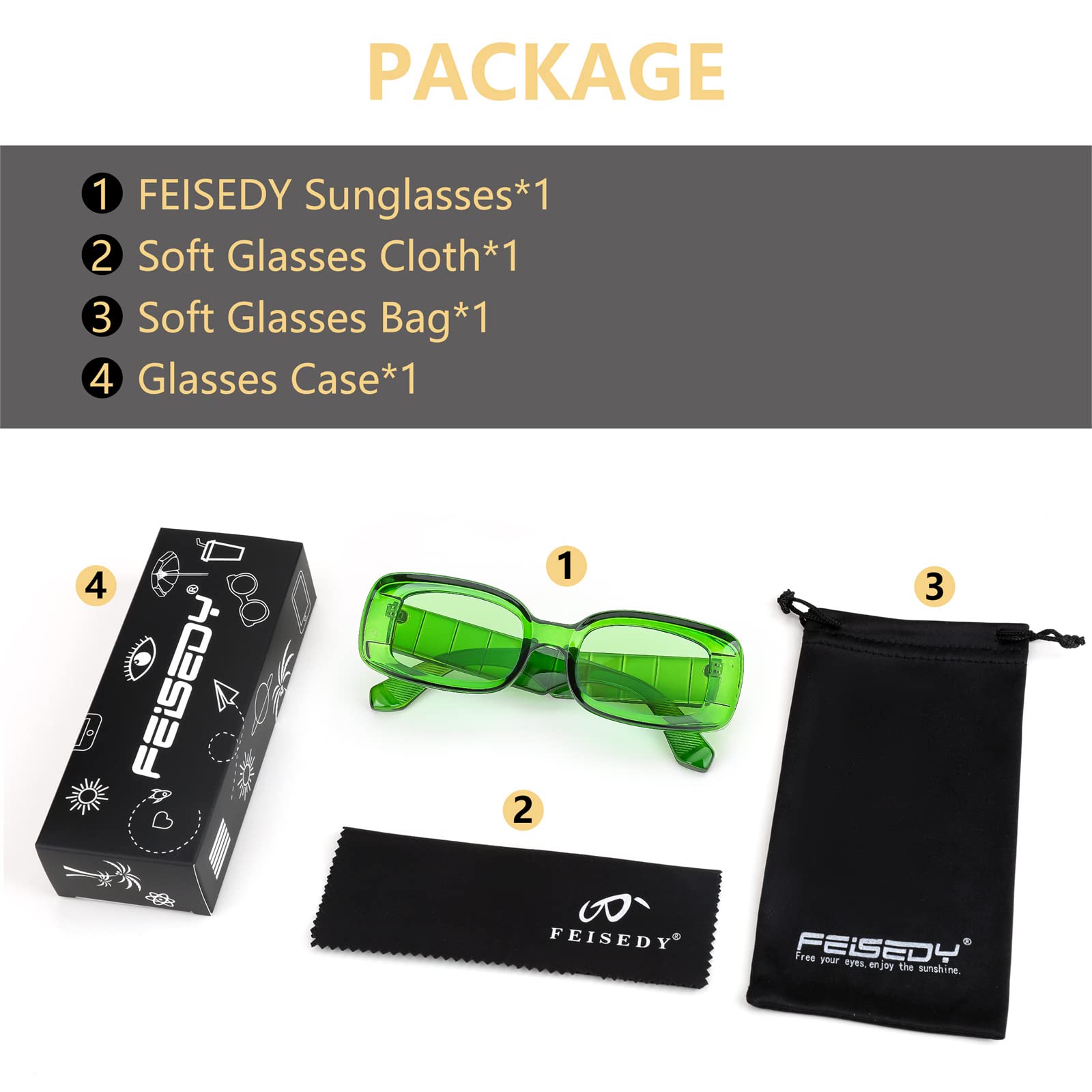 FEISEDY Retro Thick Rectangle Sunglasses Retro 90s Small Chunky Square Women Men B2307 thumbnail 7