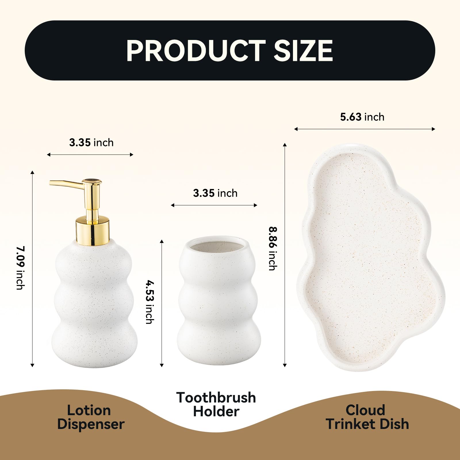 Silver Bathroom Accessory Set, 3-Piece Ceramic Bath Accessories Set with Tray, Lotion Dispenser, and Tumbler: Beige
