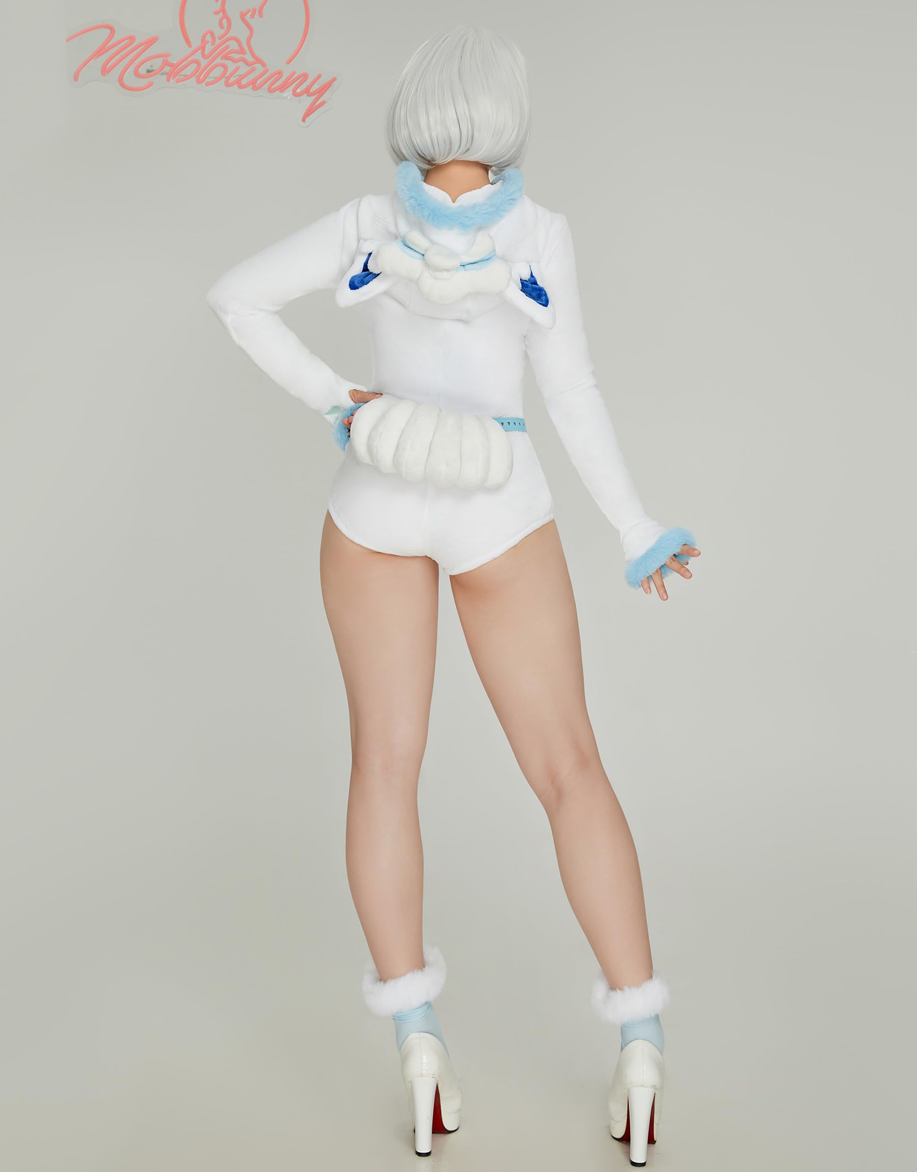 Mobbunny Women's Anime Cosplay Costume Fluffy Romper Onesie Pajamas White Blue Furry Hooded Bodysuit Bodycon Sleepwear: Small