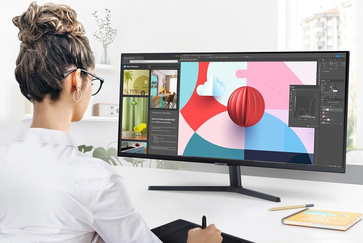 SAMSUNG 34" ViewFinity S50GC Series Ultra-WQHD Monitor, 100Hz, 5ms, Borderless Design, AMD FreeSync, Eye Care, Black, with MTC HDMI Cable