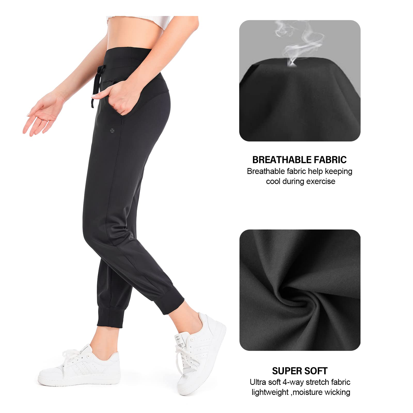 STRETCHUP Women's Joggers Pants Lightweight Running Sweatpants with Pockets Athletic Tapered Casual Pants for Workout,Lounge: Medium Black(drawstring )