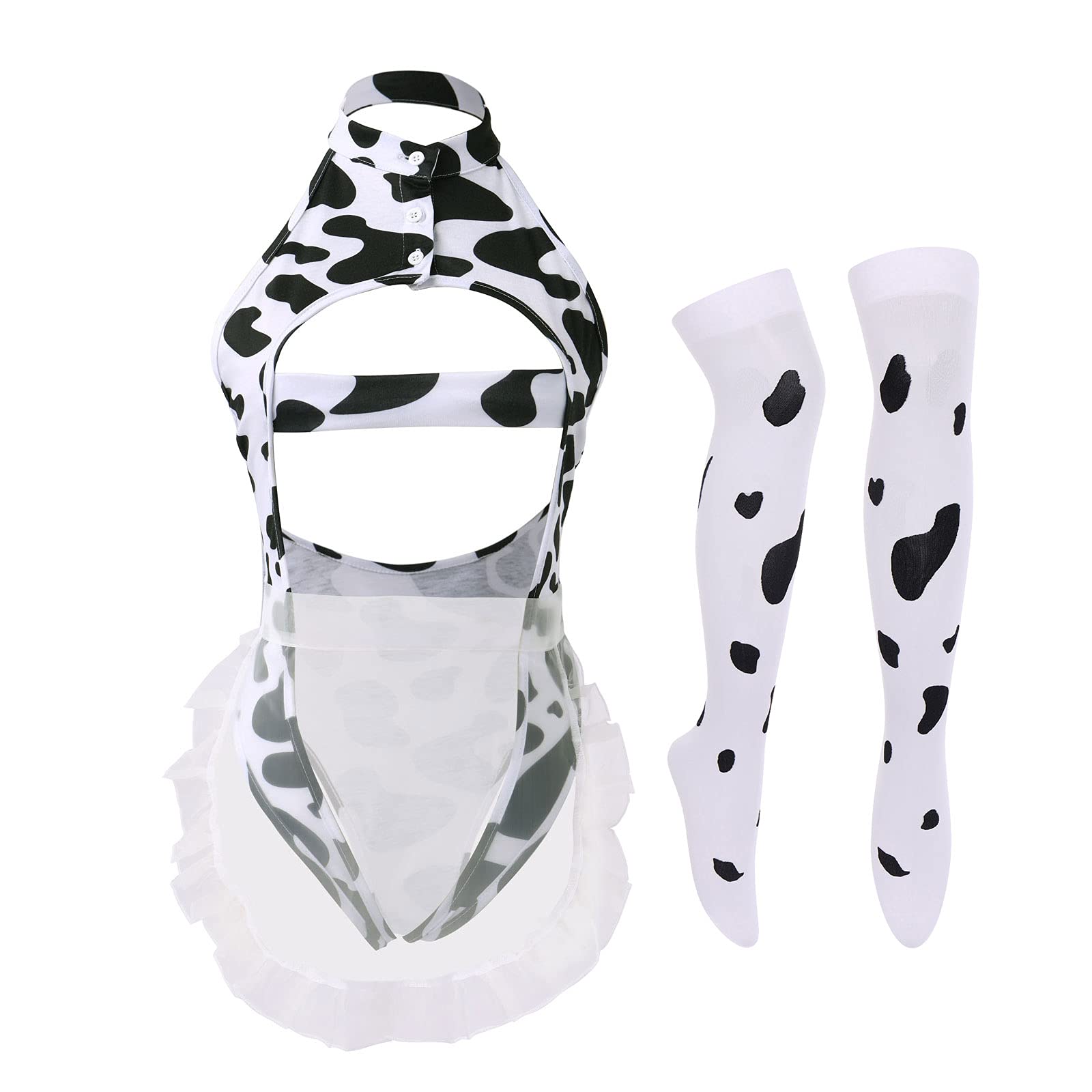 FYMNSI Women Sexy Milk Cow Lingerie Set Anime Maid Cosplay Costume Mini Bikini Bra Bodysuit with Bell Choker Stockings Outfit: One Size Cow Bodysuit Skirt