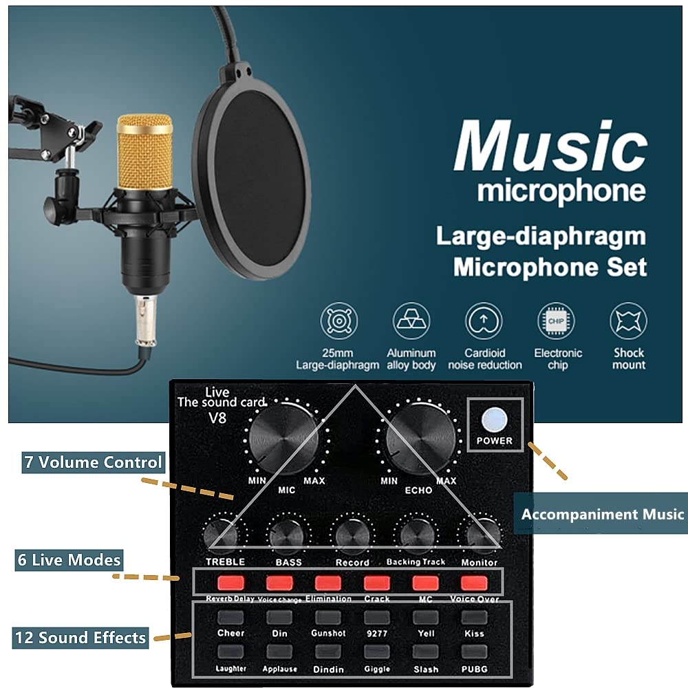 Podcast Equipment Bundle, BM-800 Recording Studio Package with Voice Changer, Live Sound Card - Audio Interface for Laptop Computer Vlog Living Broadcast Live Streaming YouTube TikTok ()