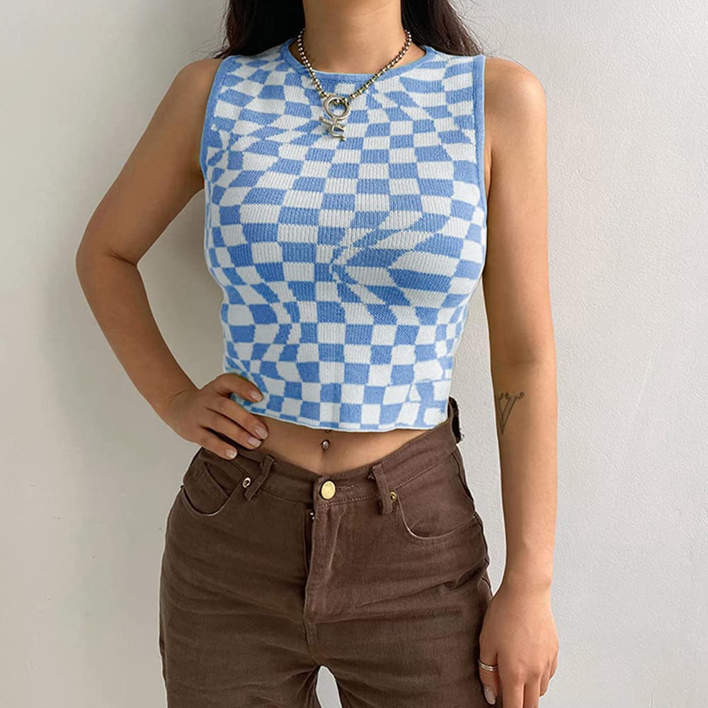 Women's Plaid Printed Sleeveless O Neck Camisole Harajuku Vintage Knitted Cropped Tank Top: Women's Plaid Printed Sleeveless O Neck Camisole Harajuku Vintage Knitted Cropped Tank Top