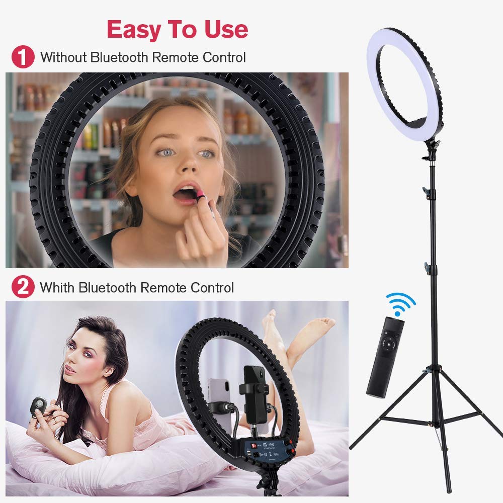 18 inch LED Ring Light with Tripod Stand Dimmable Makeup Selfie Ring light for Studio Portrait YouTube Vlog Video Shooting with Carrying Bag and Remote Controller, CRI 90 thumbnail 3