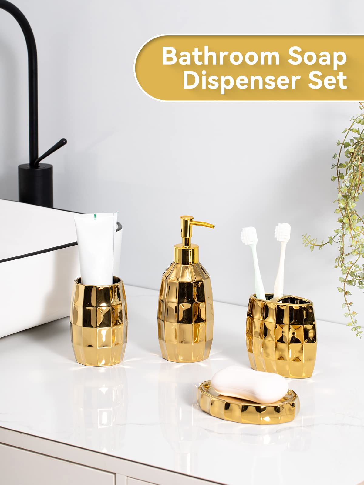 Bathroom Accessory Set, 3-Piece Ceramic Bath Accessories Set with Tray, Lotion Dispenser, and Tumbler